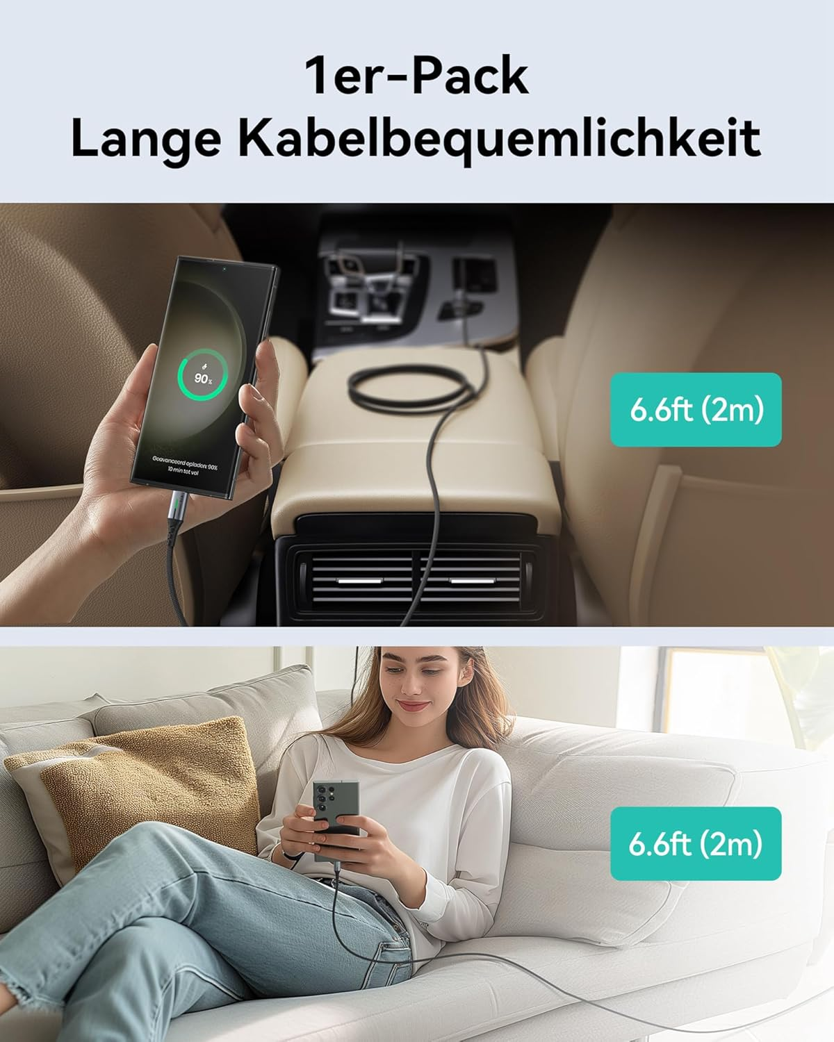 Telefon ładujący się w samochodzie i kobieta korzystająca z telefonu na kanapie, oba z kablami ładującymi.