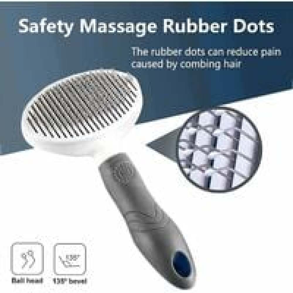 Eine Haustierbürste mit Gumminoppen, grauem Griff und weißem Kopf. Text sagt 'Safety Massage Rubber Dots' und 'Schmerzen reduzieren'.