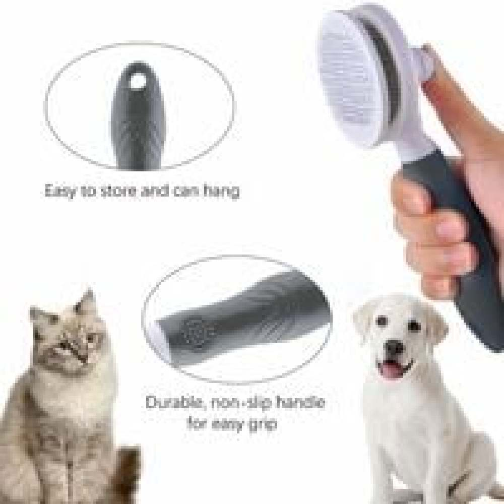 Eine Hand hält eine Haustierbürste. Eine Katze und ein Welpe sind im Bild. Details zeigen den Griff und den Bürstenkopf.