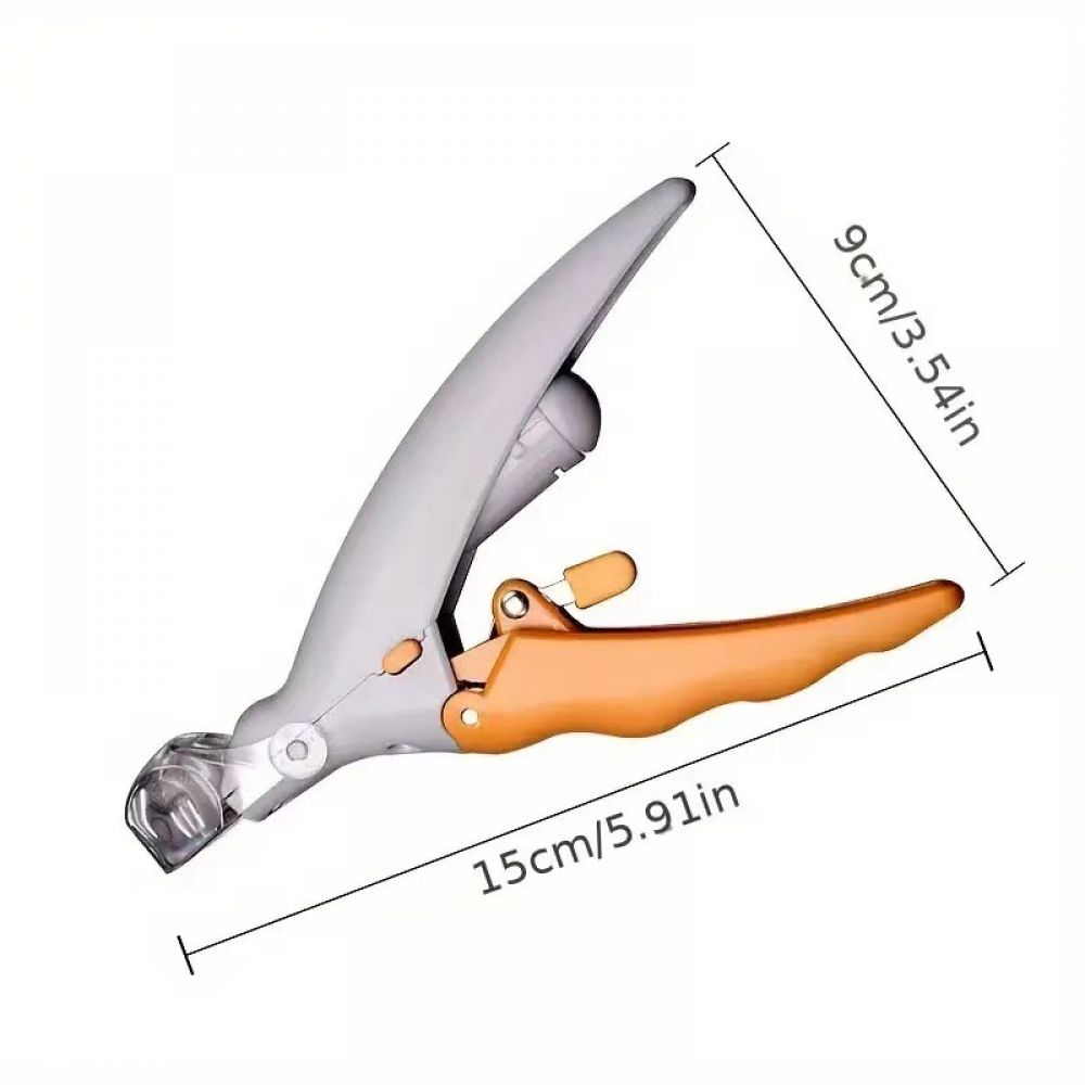 Nagelknipser, grau und orange, mit Maßangaben. Die Zange ist 15 cm lang und 9 cm breit.