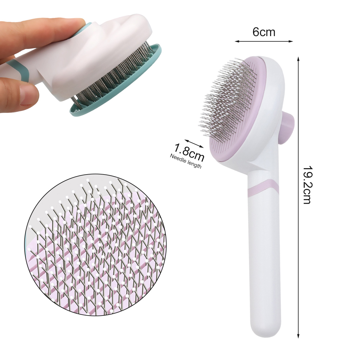 Eine weiße und lila Haustierbürste. Abmessungen: 19,2 cm lang, 6 cm breit und eine Nadel-Länge von 1,8 cm. Eine Hand hält einen abgetrennten Kopf.