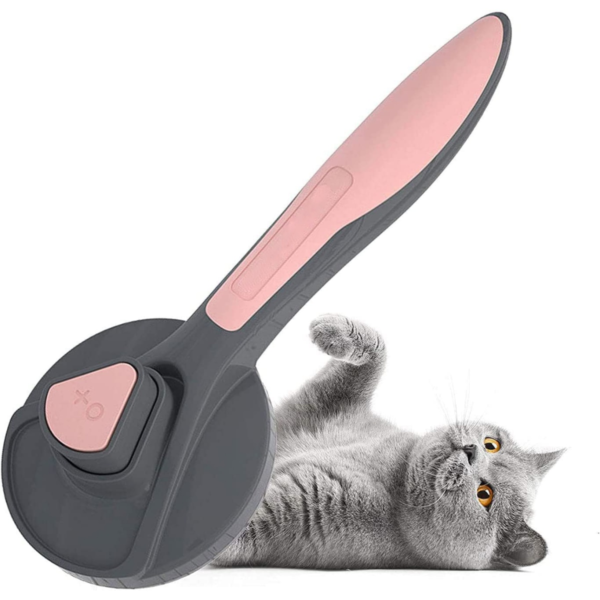 Eine graue Katze liegt neben einer rosa-grauen Haustierbürste. Die Katze blickt mit orangefarbenen Augen nach oben.
