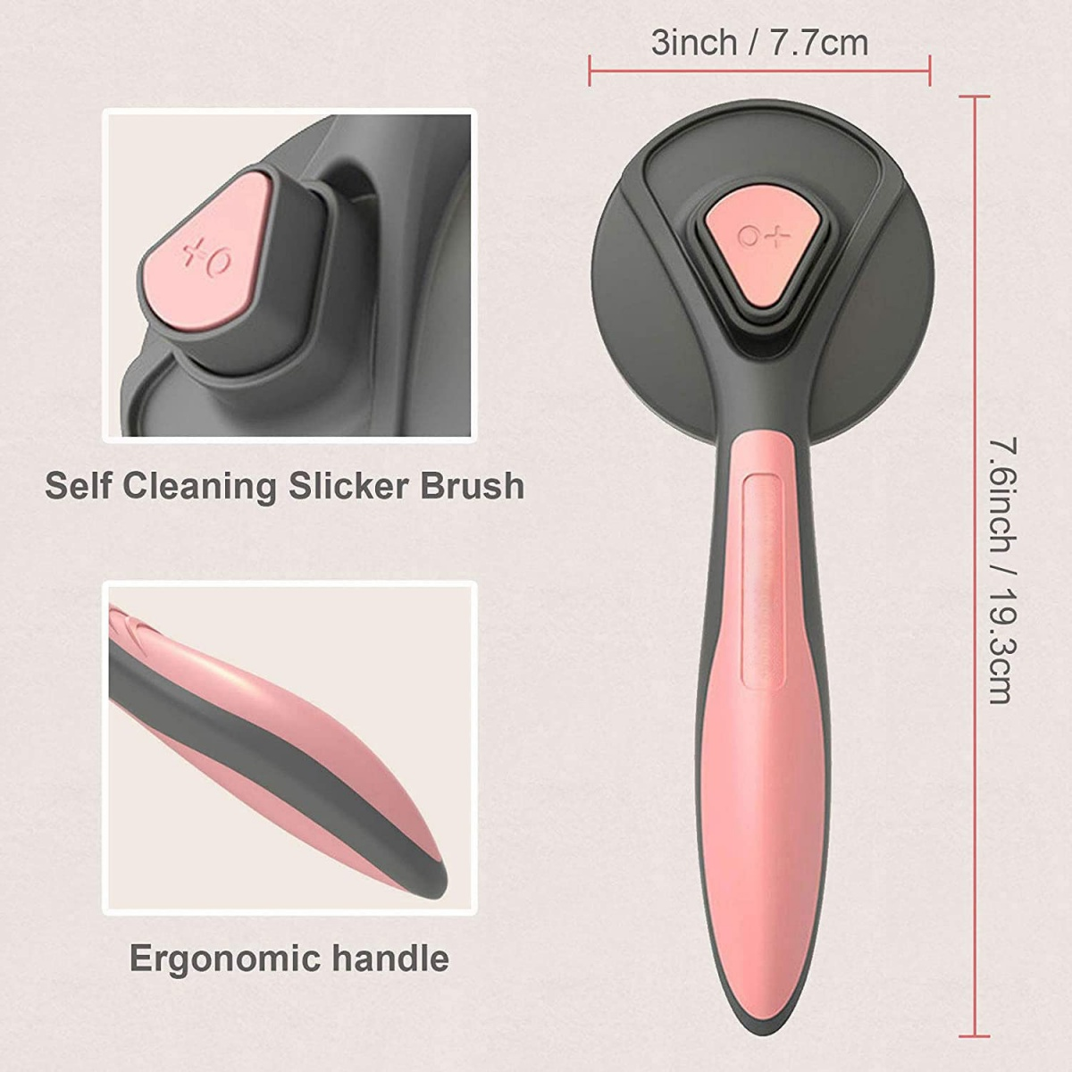 Eine selbstreinigende Slicker-Bürste mit einem rosa-grauen ergonomischen Griff. Sie hat einen runden Kopf und ist 7,6 Zoll lang.