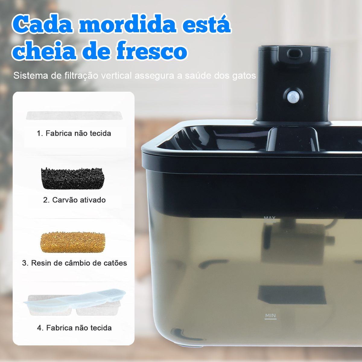 Das Bild zeigt einen Wasserfilter für Haustiere, mit beschrifteten Teilen zur Filtration. Portugiesischer Text beschreibt Frische und Gesundheit für Katzen.