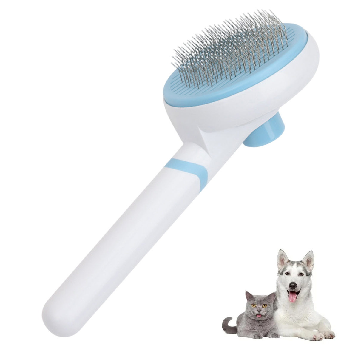 Eine weiße und blaue Haustierbürste wird gezeigt. Ein Husky-Hund und eine graue Katze liegen daneben.