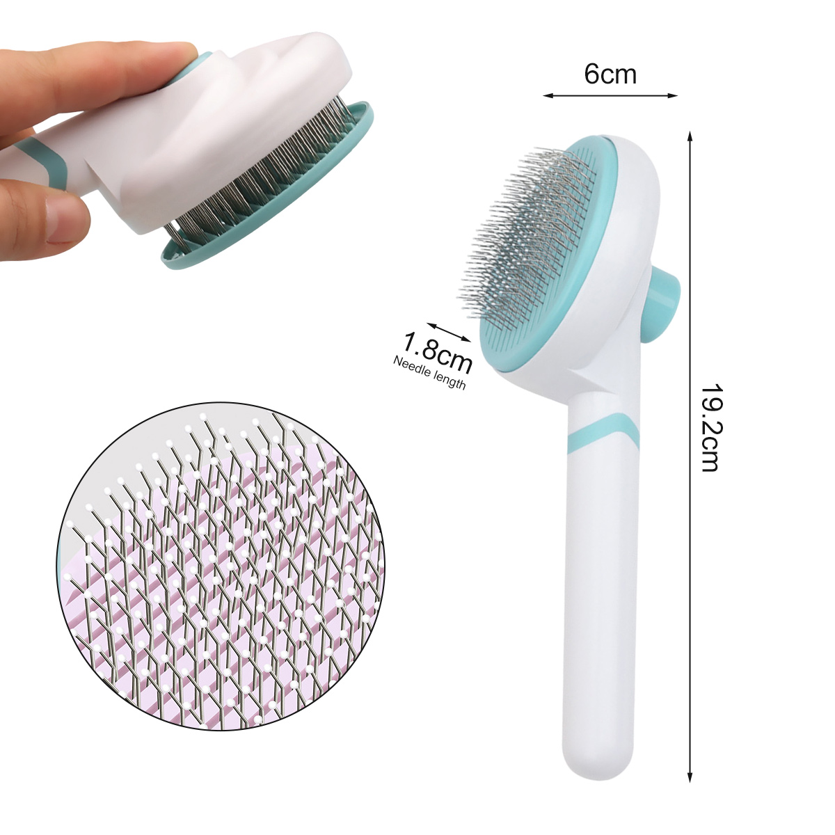 Eine weiße und teal Haustierbürste mit Nahaufnahme der Borsten. Abmessungen: 19,2 cm lang, 6 cm breit und 1,8 cm Nadellänge.