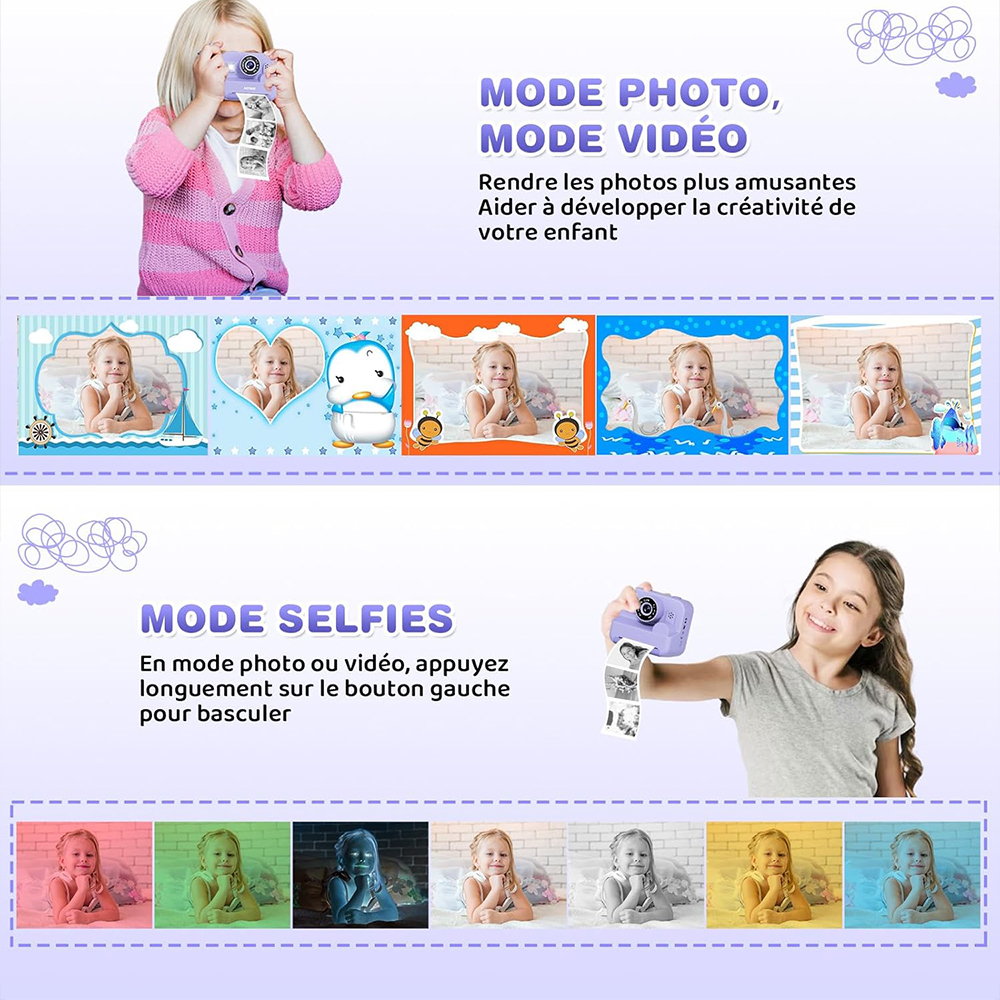 Zwei Mädchen mit Kameras, Text über Foto- und Videomodi und Selfies. Verschiedene Fotorahmen und Farbfilter werden angezeigt.