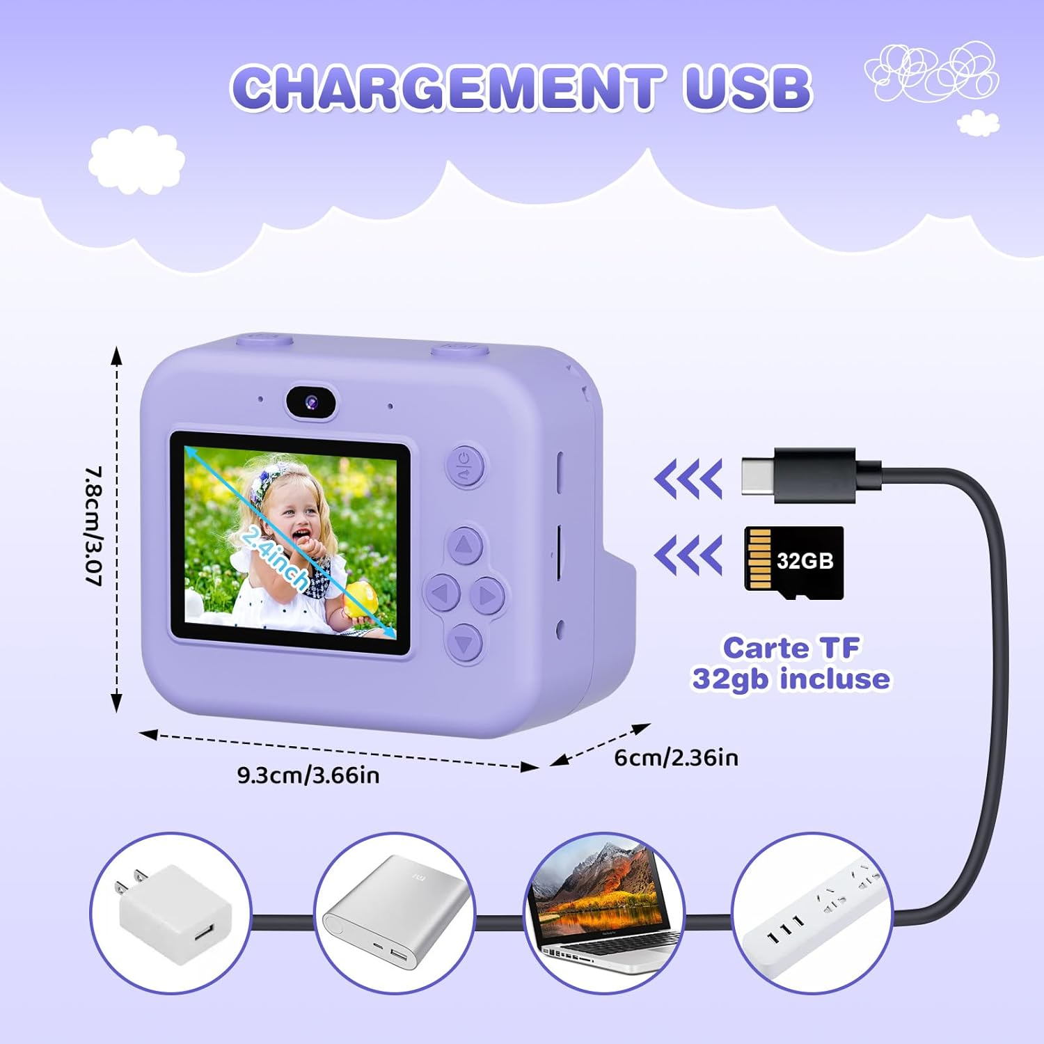 Eine lila Kinderkamera mit Bildschirm, auf dem ein Kind zu sehen ist. Enthält USB-Aufladung, eine 32GB TF-Karte und Zubehör.