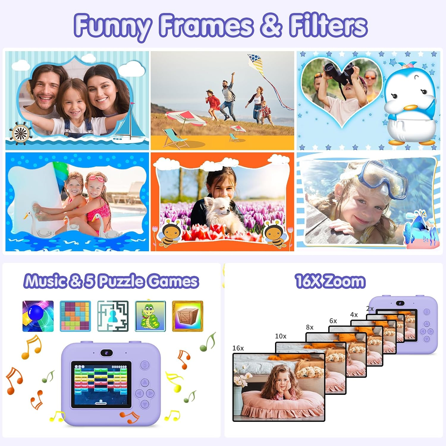 Werbebild für eine Kinderkamera, das Rahmen, Spiele und Zoomfunktionen zeigt. Enthält Fotos und Symbole.