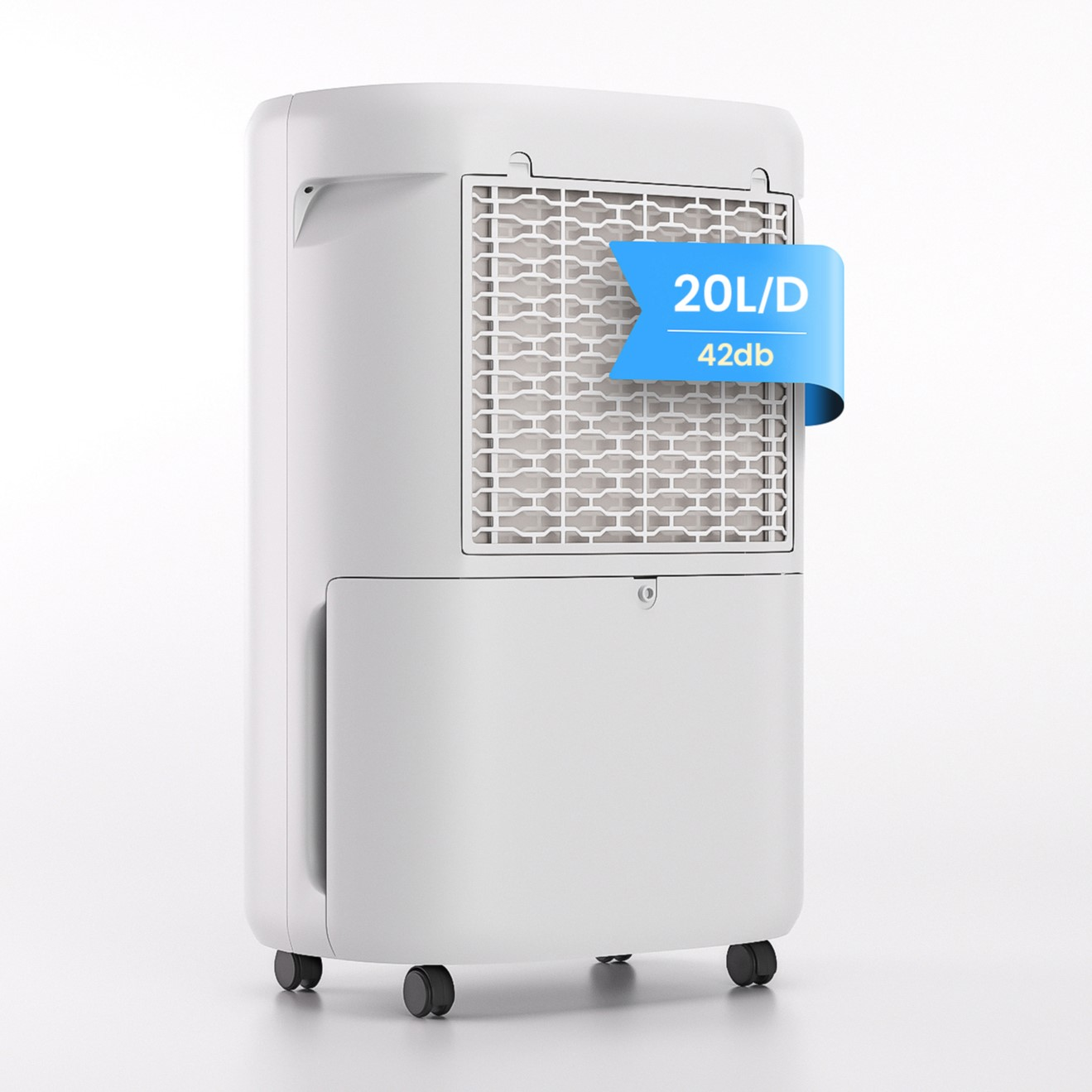 Ein weißer Luftentfeuchter mit blauem Etikett (20L/D, 42db). Er hat ein Gitter und Rollen.