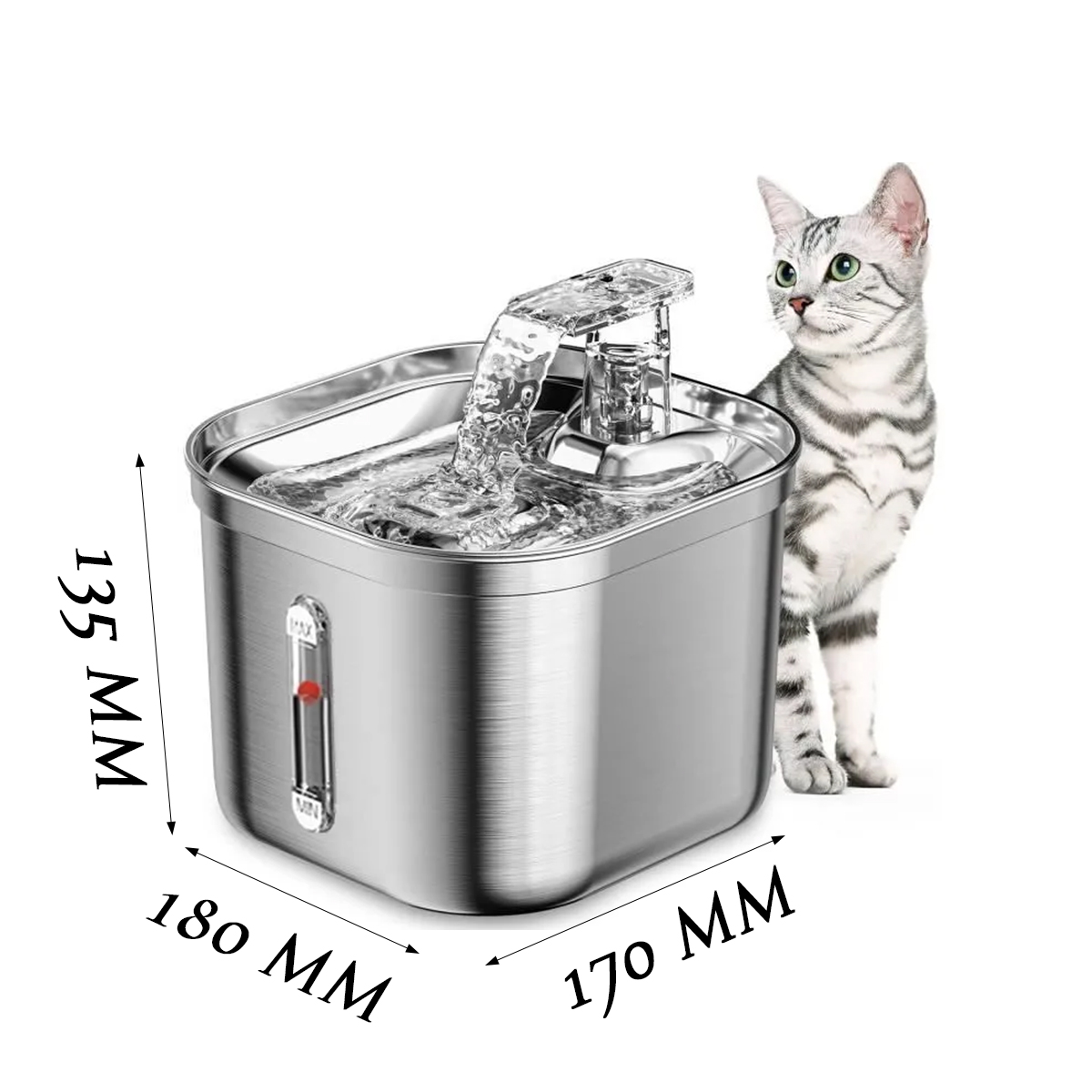 Ein metallischer Haustier-Wasserbrunnen mit fließendem Wasser. Eine silberne Katze steht daneben. Abmessungen sind auf dem Bild angegeben.