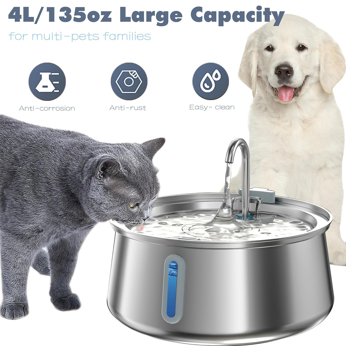 Eine Katze trinkt aus einem Wasserbrunnen. Ein Hund steht dahinter. Text sagt '4L/135oz Large Capacity'.