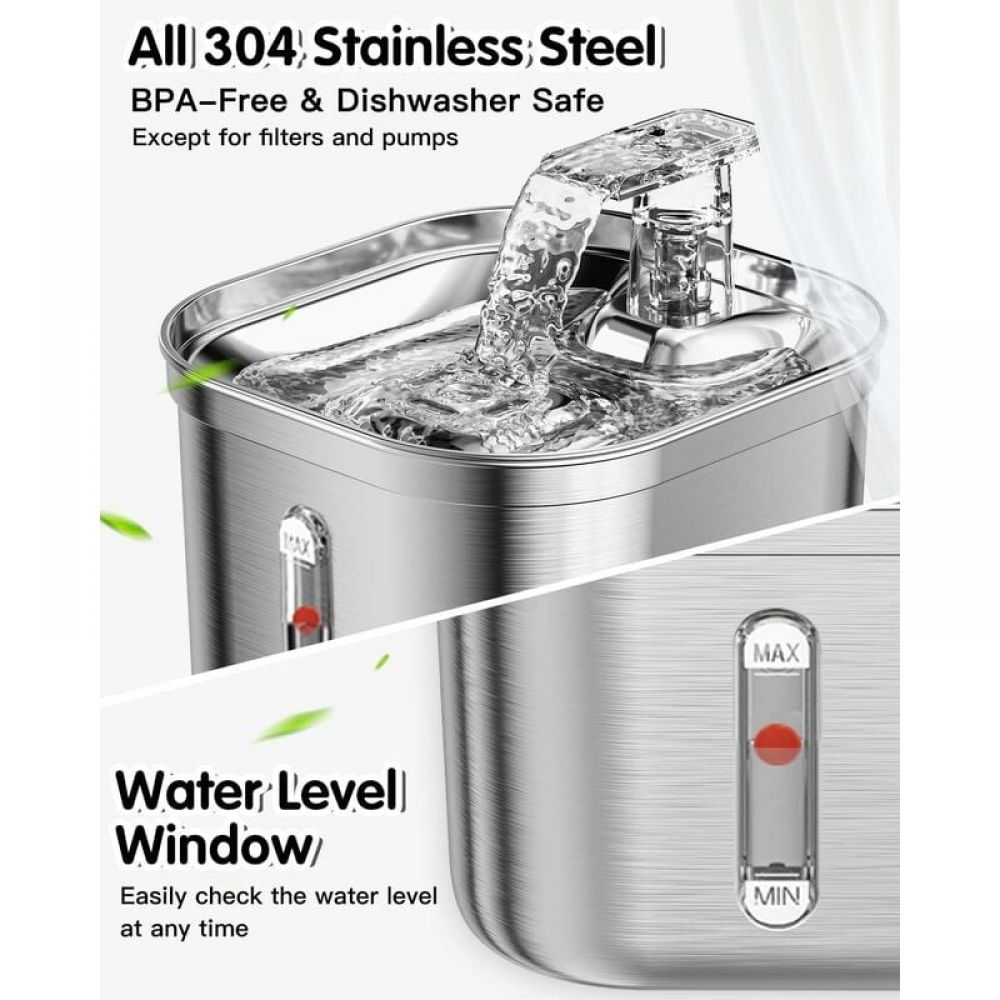 Ein Trinkbrunnen für Haustiere aus Edelstahl mit fließendem Wasser. Er hat ein Wasserstandsfenster und den Text 'All 304 Stainless Steel'.