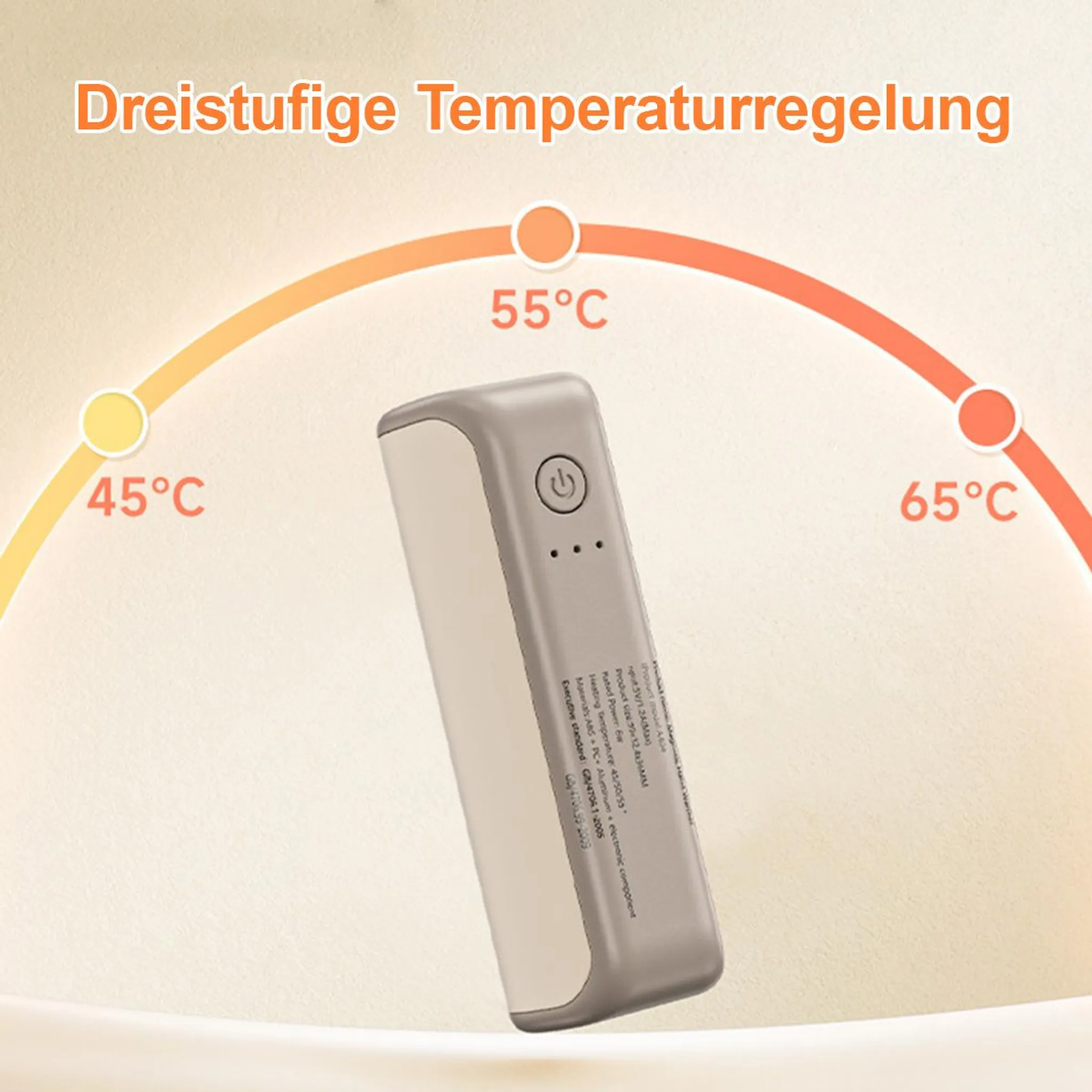 Das Bild zeigt ein Temperaturregelgerät mit Einstellungen bei 45°C, 55°C und 65°C. Ein Gerät wird angezeigt.