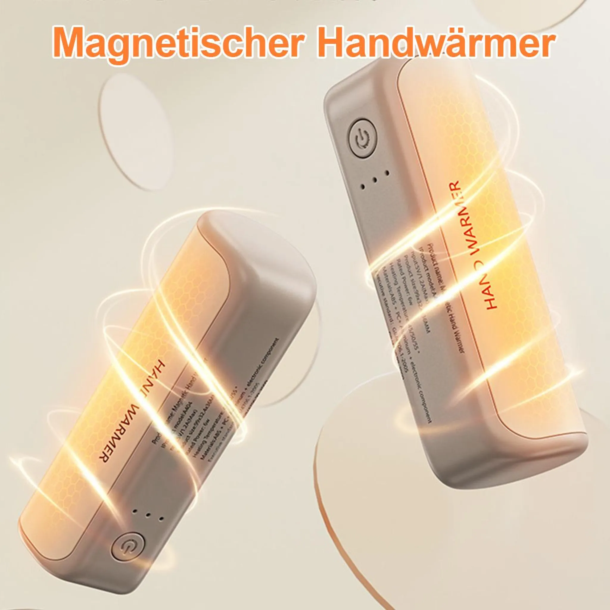 Zwei beige Handwärmer mit Text, leuchtenden Abschnitten und Power-Tasten, vor beigem Hintergrund.