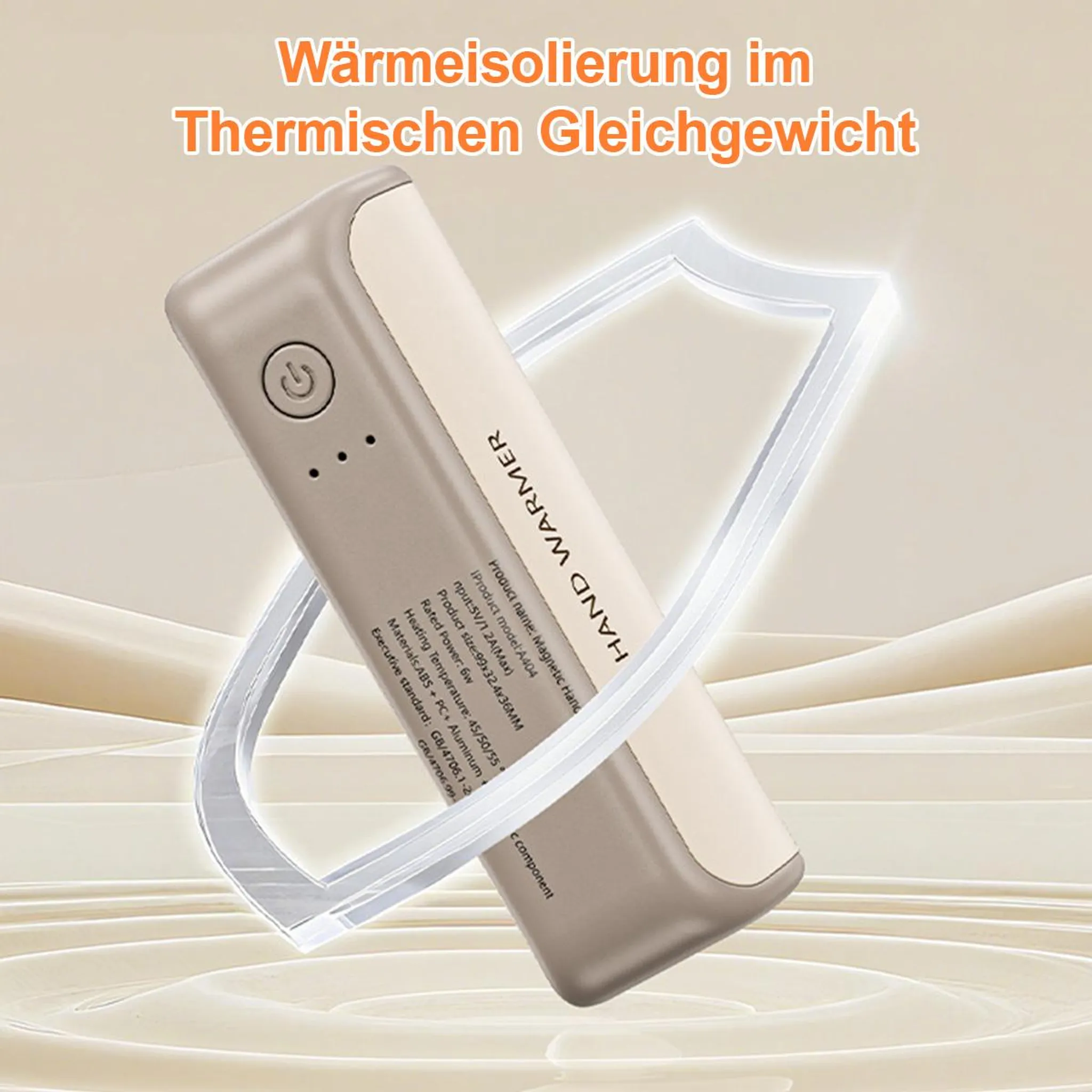 Ein Handwärmer mit Text und einer Schutzschildgrafik. Der Text lautet 'Handwärmer' und Spezifikationen.