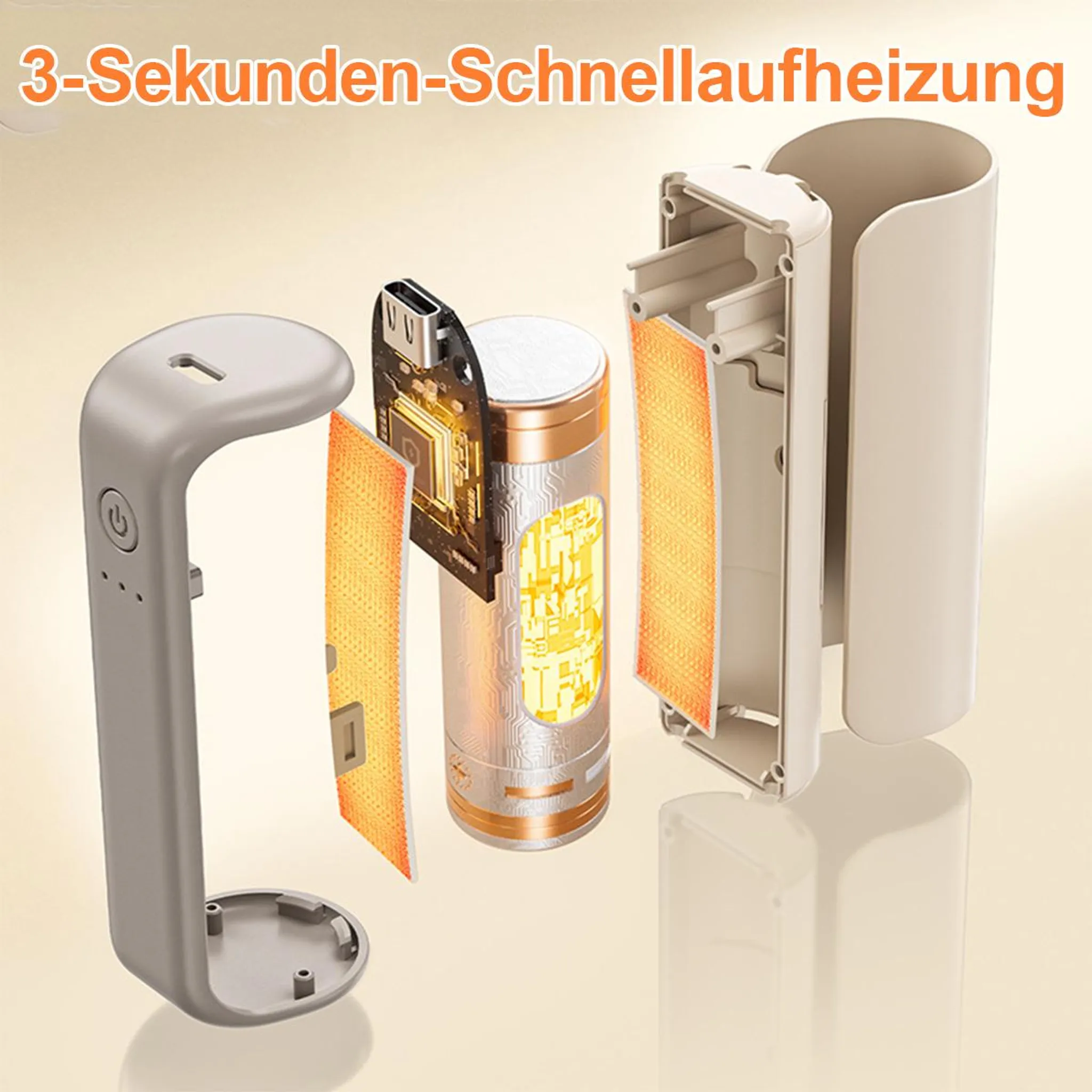 Explosionszeichnung eines Heizgeräts. Komponenten: Heizelement, Leiterplatte und Gehäuse.