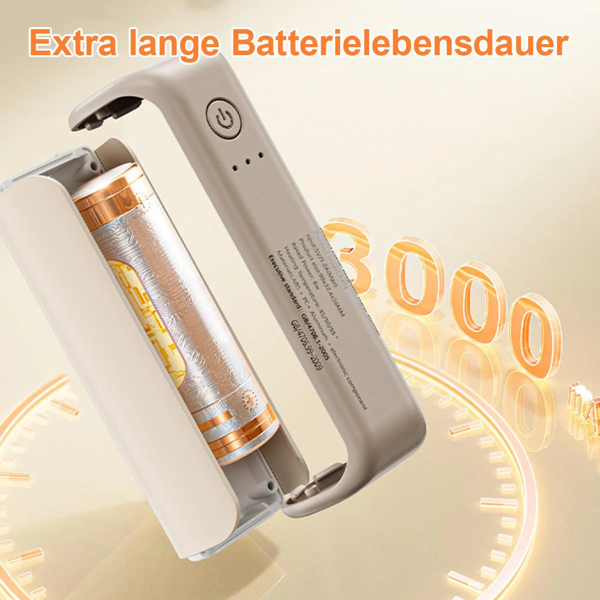 Ein Gerät mit Batterie im Inneren wird gezeigt. Der Text lautet 'Extra lange Batterielebensdauer'. Die Zahl 3000 ist ebenfalls sichtbar.