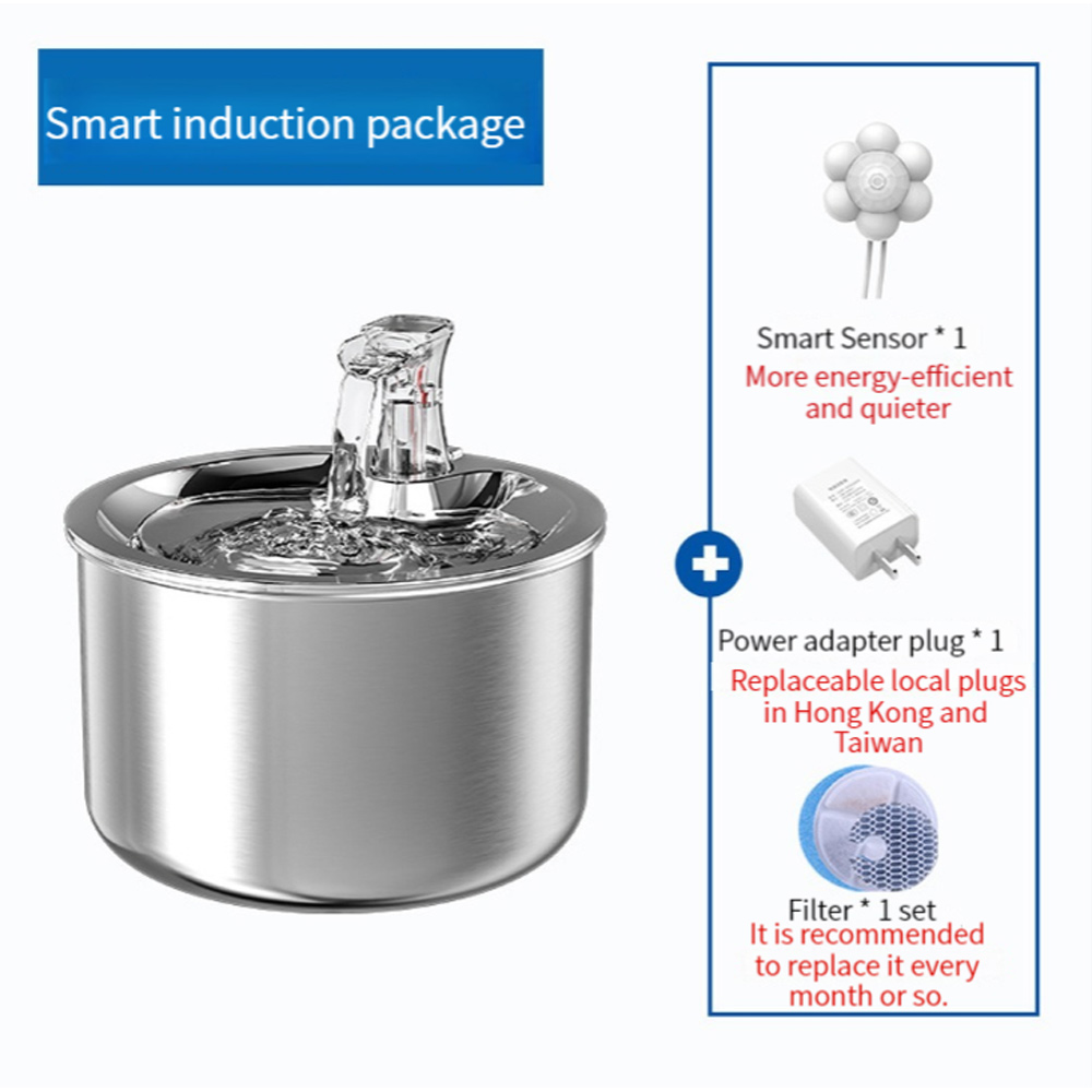 Ein metallischer Wasserbrunnen mit intelligentem Induktionspaket. Enthält einen intelligenten Sensor, Netzteil und Filter. Textetiketten vorhanden.