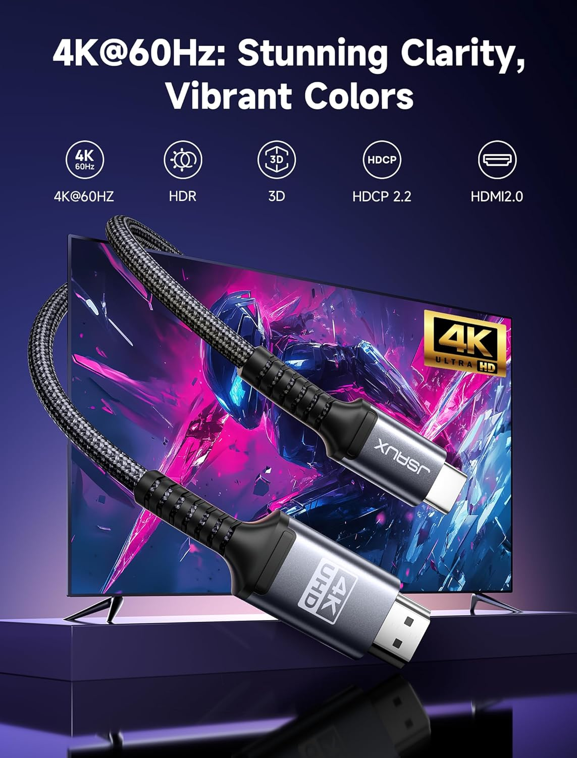 Obraz przedstawia kabel 4K UHD podłączony do telewizora. Tekst wyświetla 4K@60Hz, HDR, 3D, HDCP 2.2 i HDMI 2.0. Telewizor wyświetla abstrakcyjny obraz.