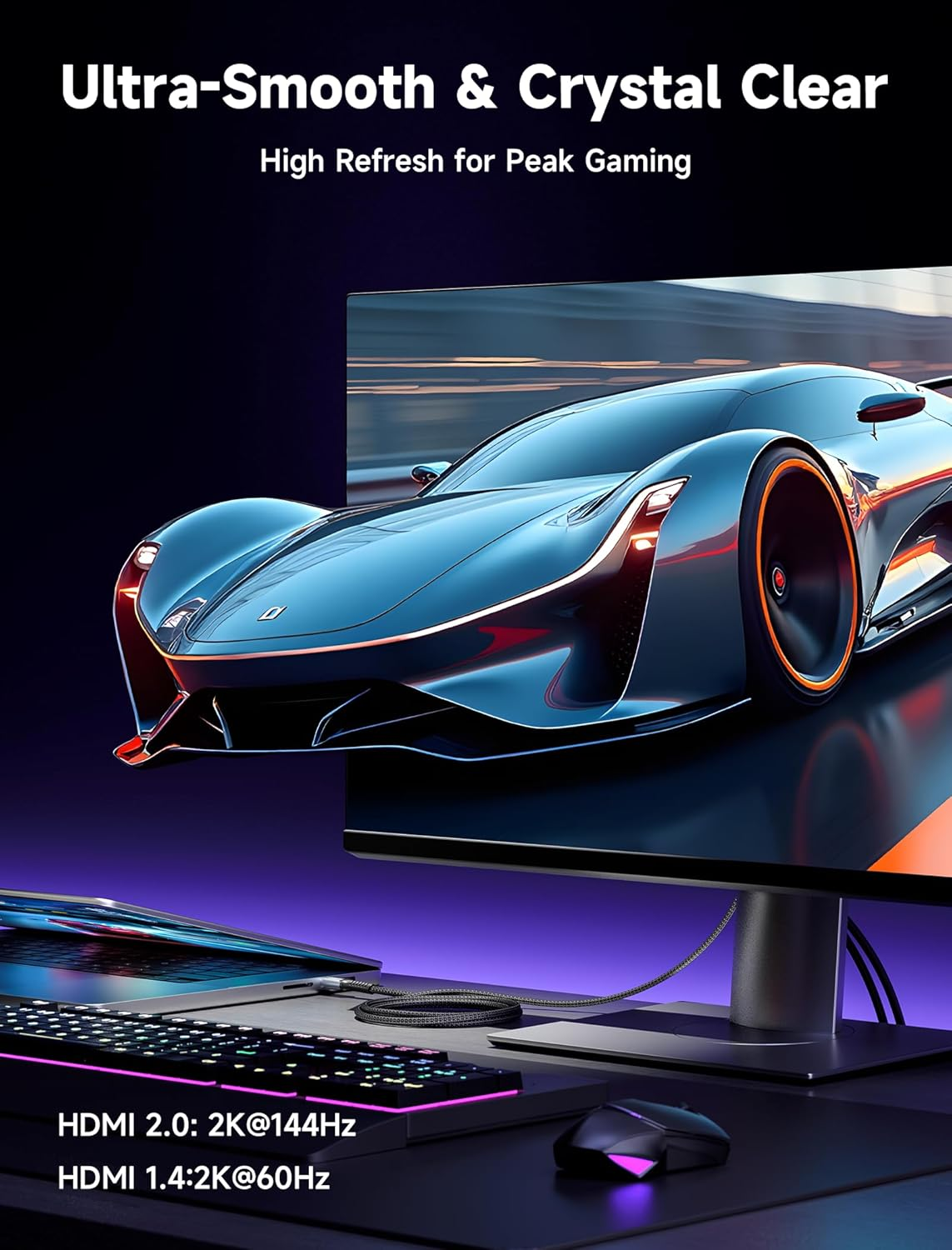 Monitor komputera wyświetla niebieski samochód. Klawiatura, mysz i informacje HDMI na pierwszym planie. Tekst mówi 'Ultra-Smooth & Crystal Clear'.