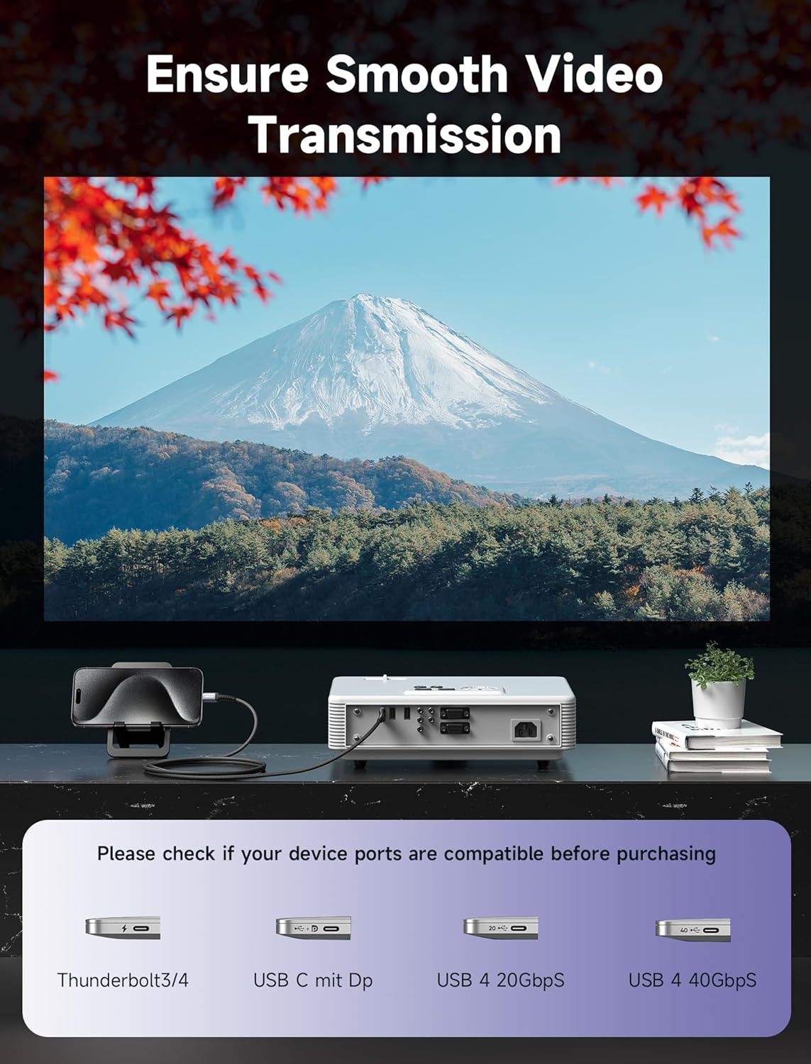 Projektor wyświetla krajobraz górski. Poniżej pokazano telefon, projektor i porty. Tekst: Zapewnij płynną transmisję wideo.