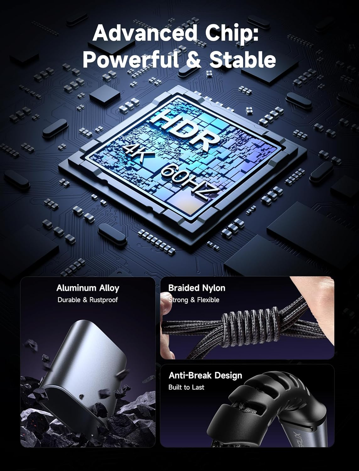 Reklama kabla. Pokazuje chip z HDR, 4K, 60HZ. Pokazuje również stop aluminium, pleciony nylon i konstrukcję zapobiegającą pękaniu.