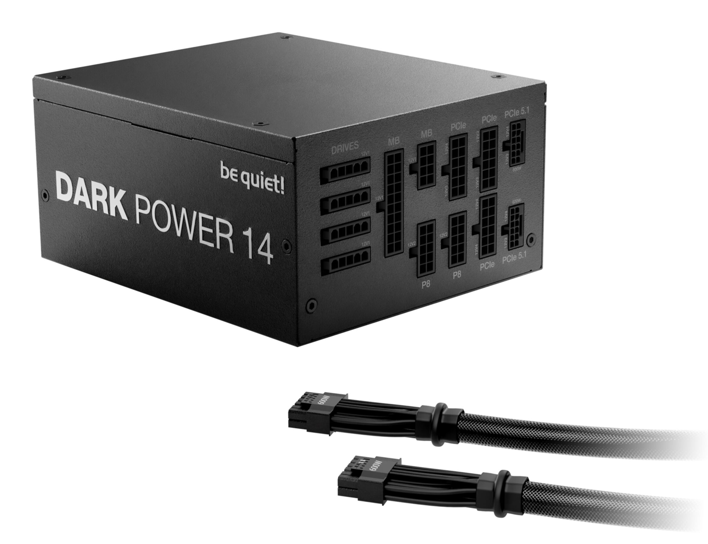 Ein schwarzes Computer-Netzteil mit der Aufschrift 'DARK POWER 14' und angeschlossenen Kabeln.