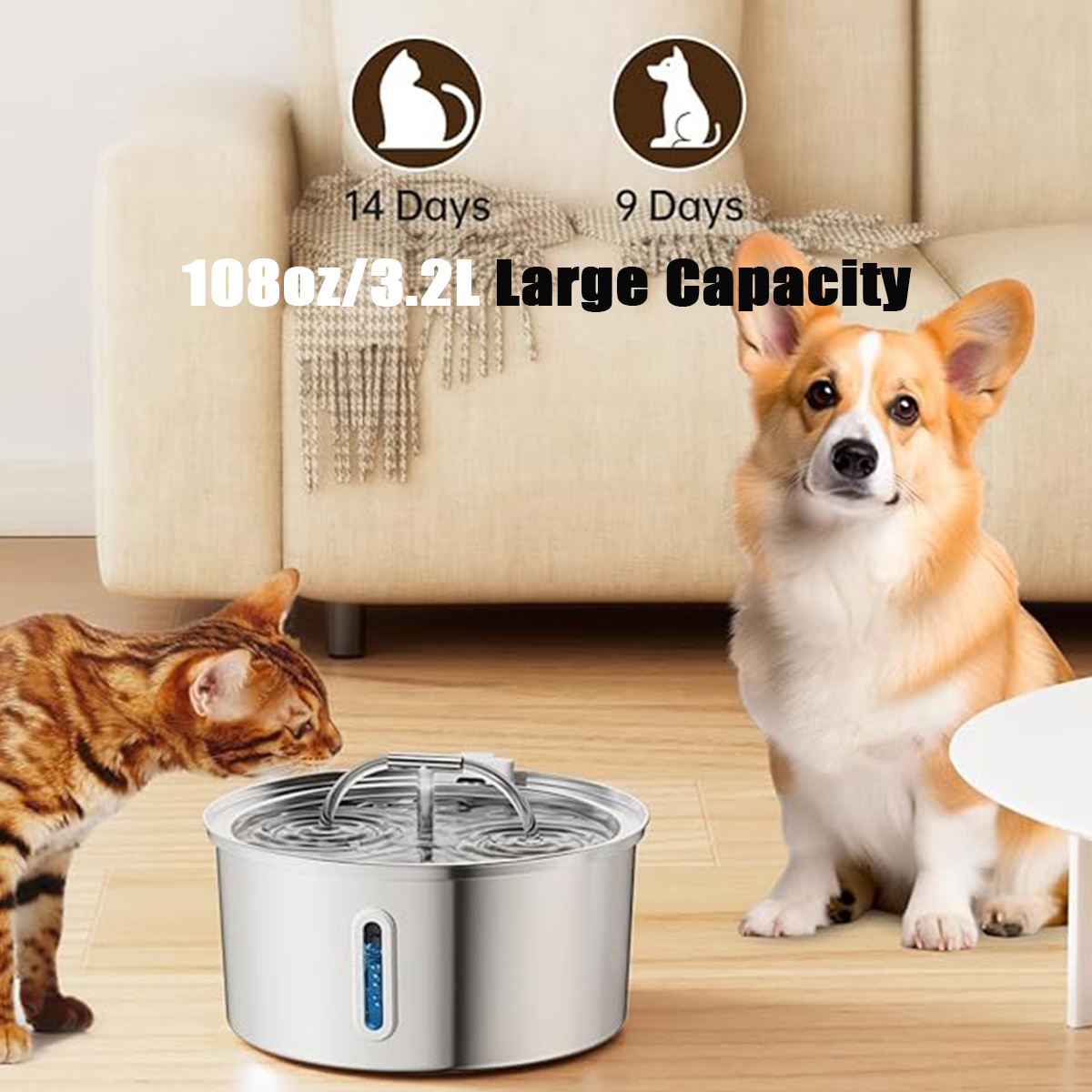 Katze und Hund in der Nähe eines Haustier-Wasserbrunnens. Der Hund ist ein Corgi. Text: '108oz/3,2L Große Kapazität'.