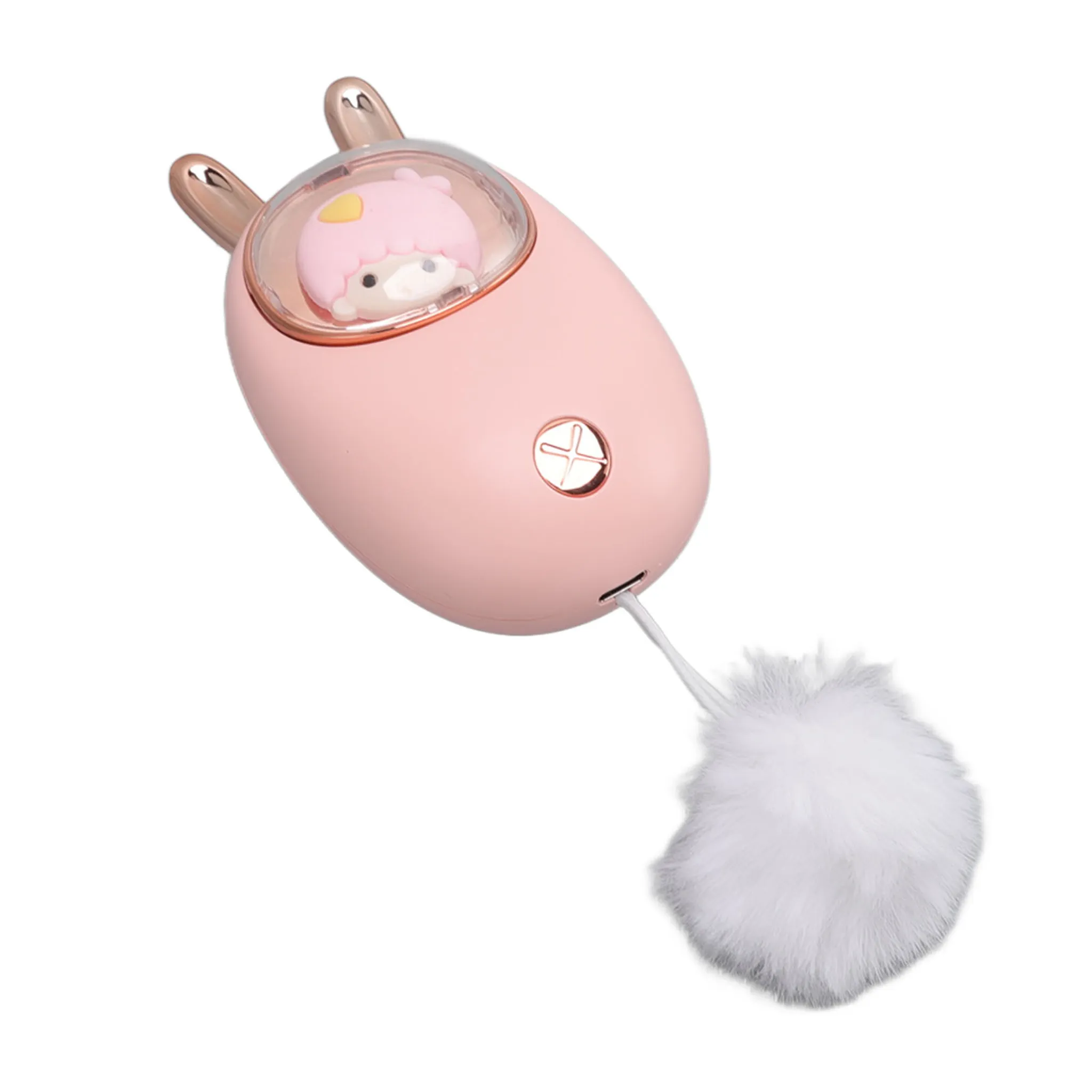 Ein rosa, eiförmiges Gerät mit Hasenohren und einem Charakter im Inneren. Es hat einen flauschigen Schwanz und einen Ladeanschluss.