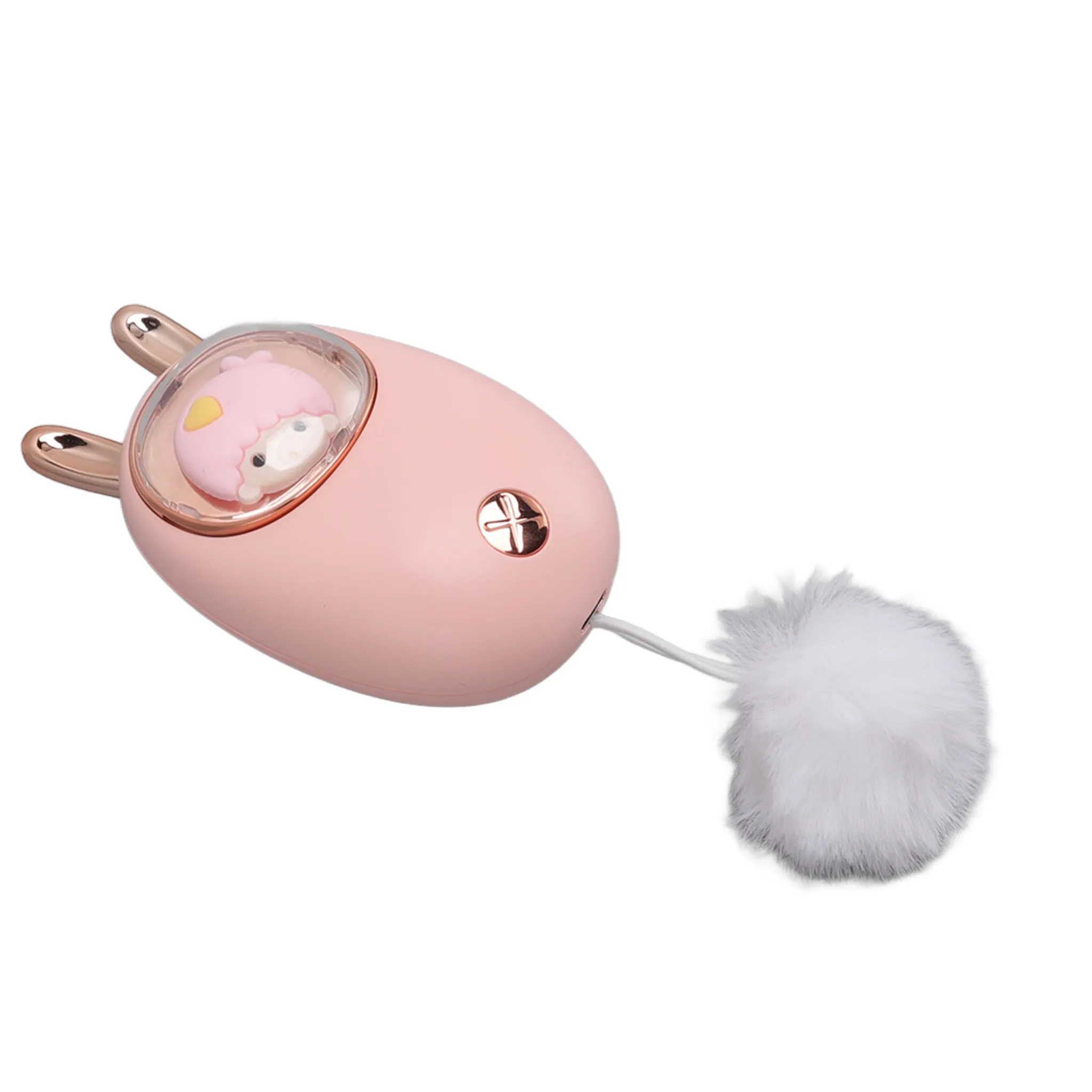 Rosa und goldfarbenes Gerät in Hasenform mit einer Schaf-Figur im Inneren, befestigt an einem weißen, flauschigen Ball.