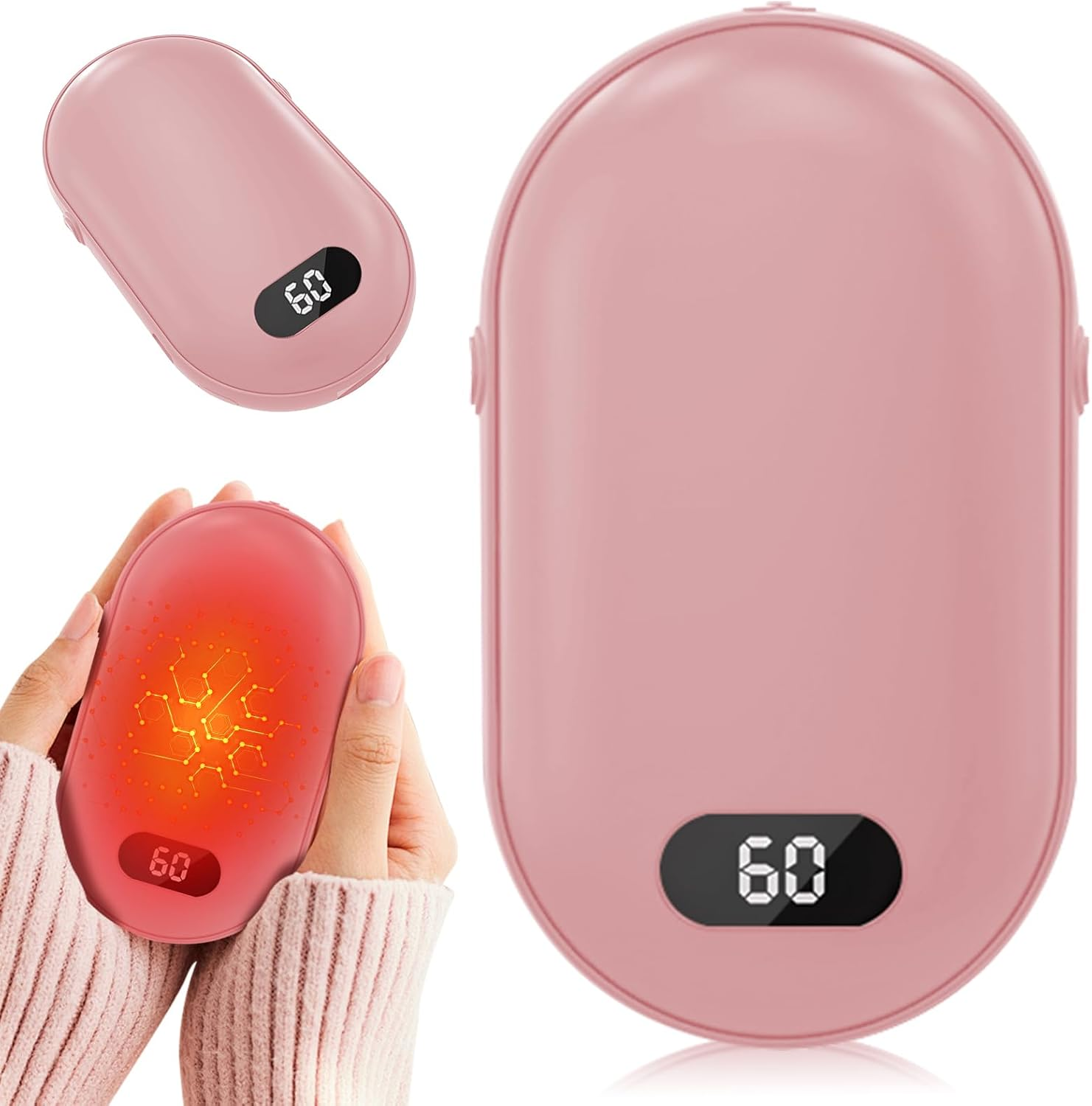 Drei rosa Handwärmer. Einer zeigt 60 auf einem Display. Einer wird gehalten und leuchtet rot. Der dritte ist eine Nahaufnahme.