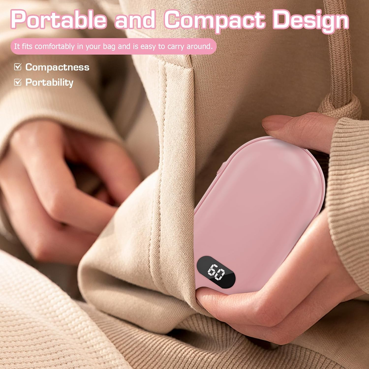 Eine Person hält ein rosa, kompaktes Gerät mit einer Digitalanzeige, die '60' zeigt. Das Gerät befindet sich in einer Tasche. Text: 'Tragbares und kompaktes Design'.