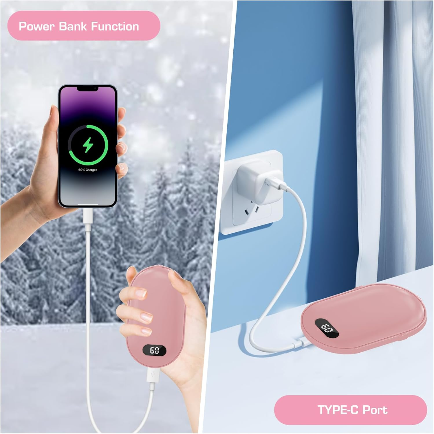 Ein Telefon wird mit einer rosa Powerbank aufgeladen. Das Telefon zeigt ein Ladesymbol. Der Hintergrund hat einen verschneiten Wald und eine blaue Wand.