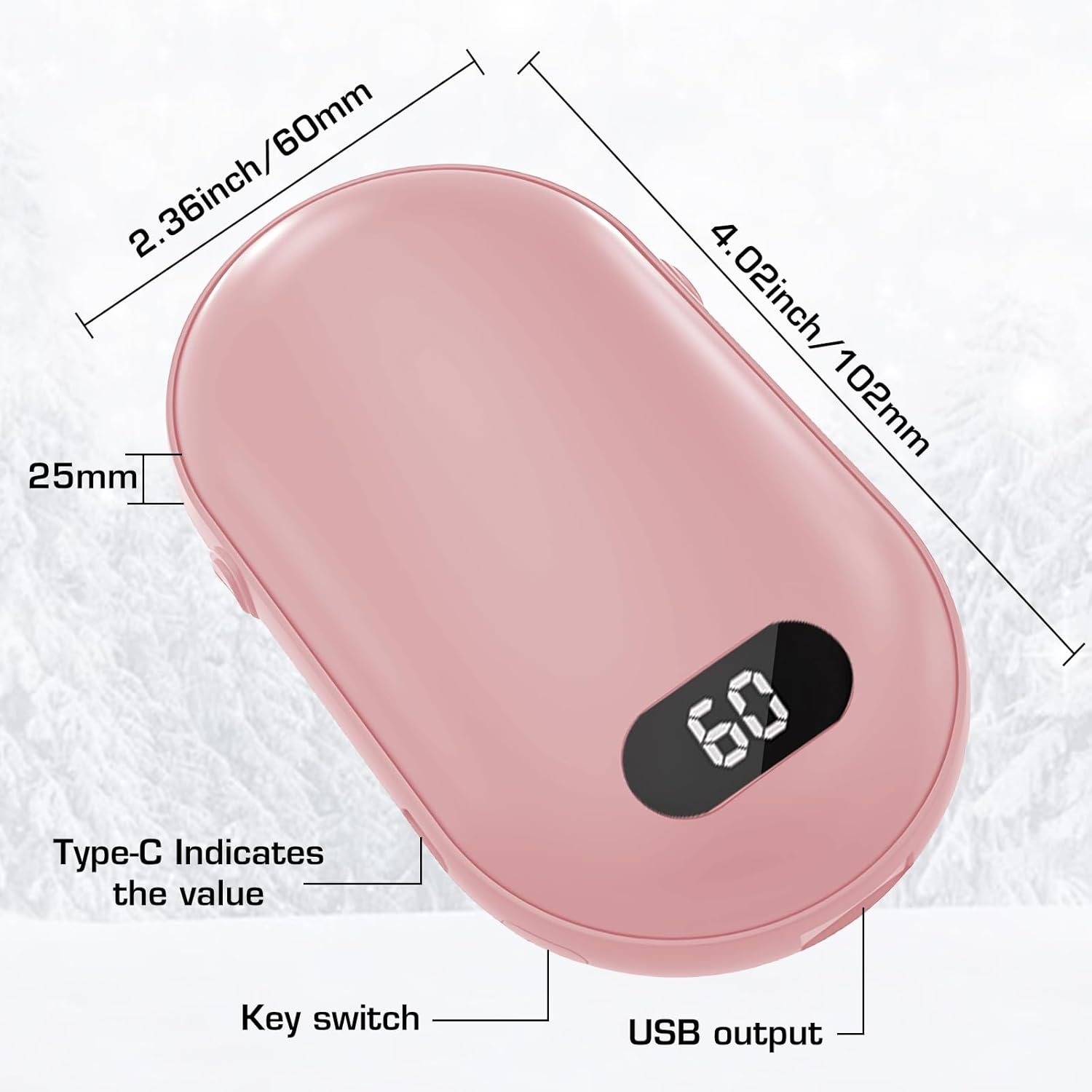 Ein rosa Handwärmer mit einem Display, das "60" anzeigt. Er hat beschriftete Abmessungen mit "Type-C", "Key switch" und "USB output".