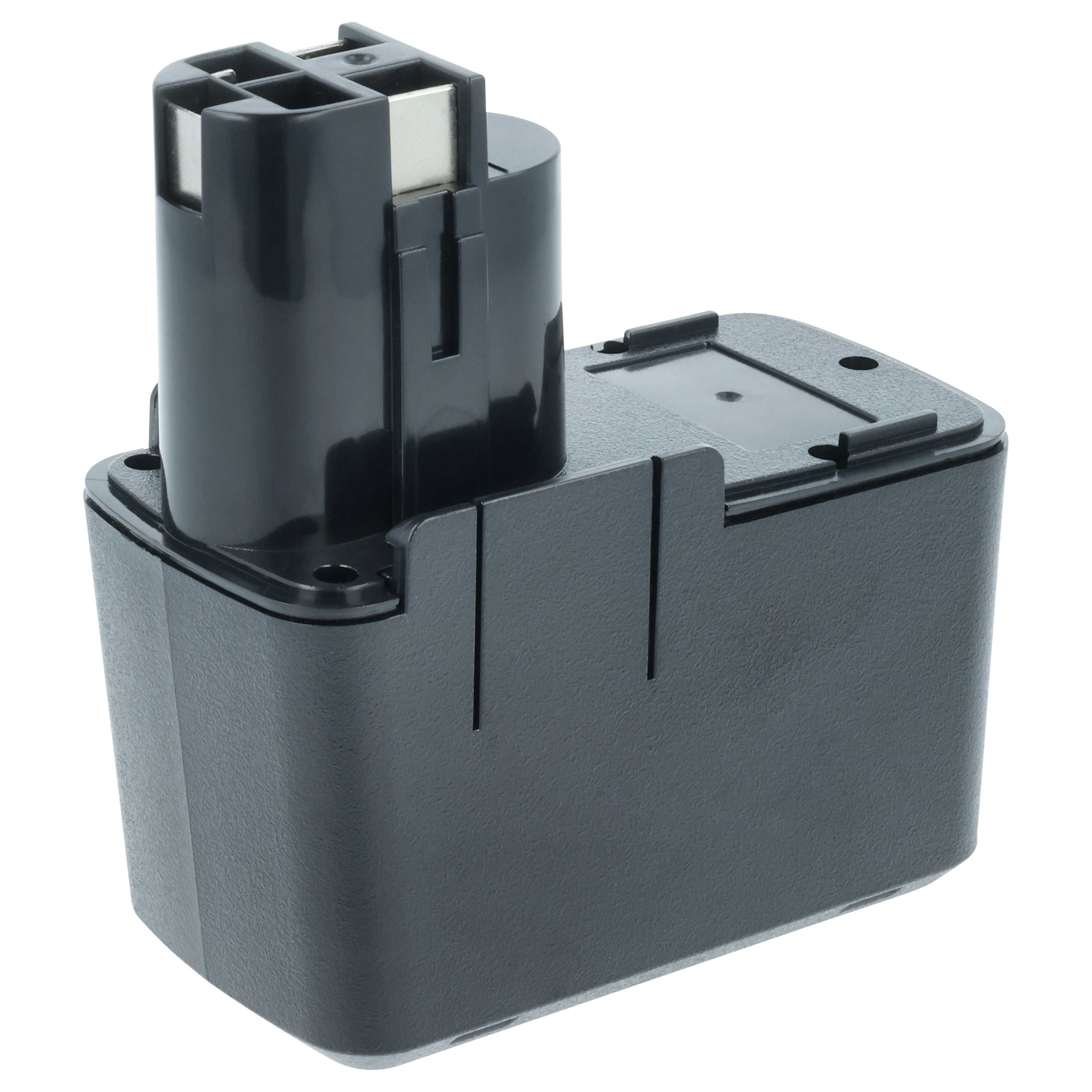 Ein schwarzer Elektrowerkzeug-Akku auf weißem Hintergrund. Er hat eine rechteckige Basis und eine zylindrische Oberseite mit Metallkontakten.