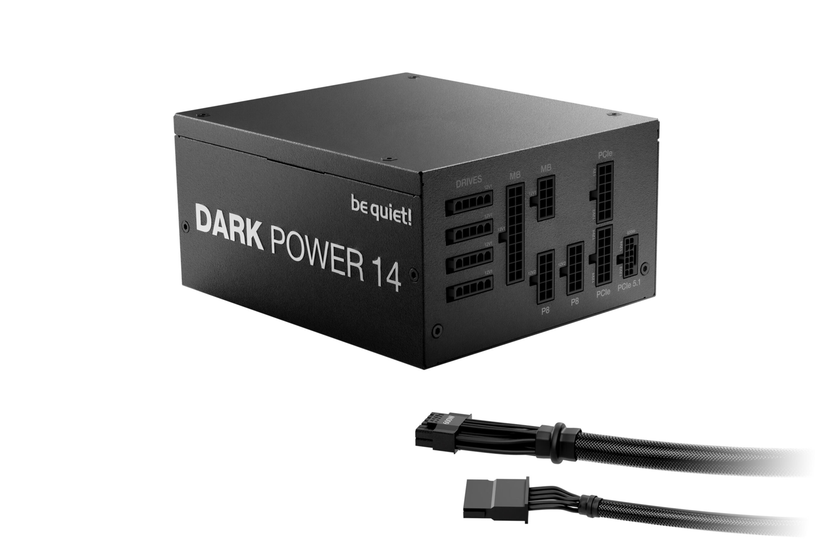 Black computer power supply unit, 'Dark Power 14', with cables, and the 'be quiet!' logo.