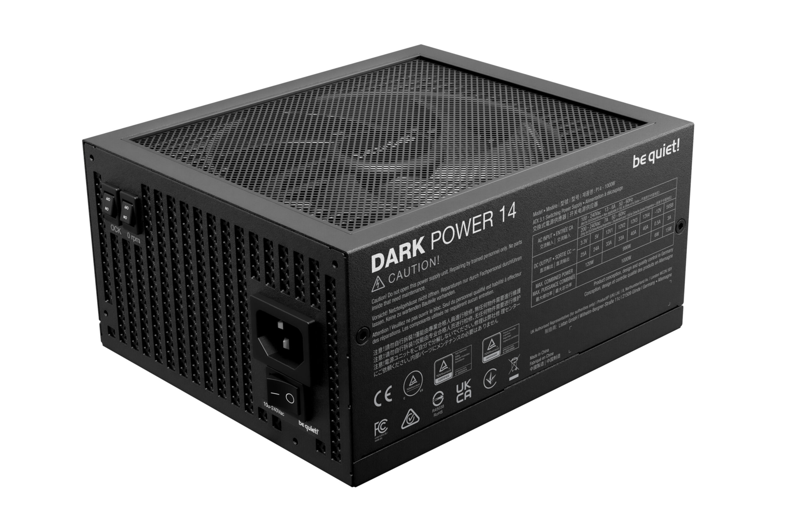 Black computer power supply unit, labeled 'DARK POWER 14' with multiple ports and certifications.