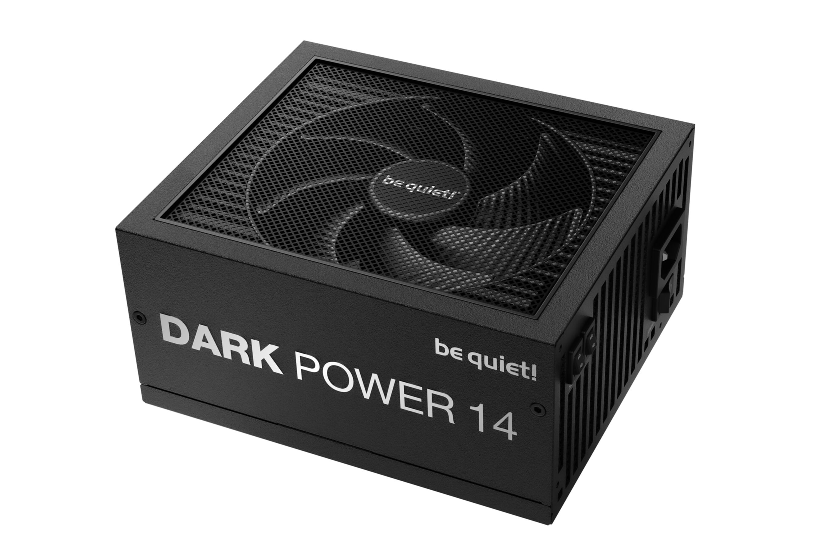 A black computer power supply unit, labeled 'DARK POWER 14' and 'be quiet!'. Features a fan behind a grill.