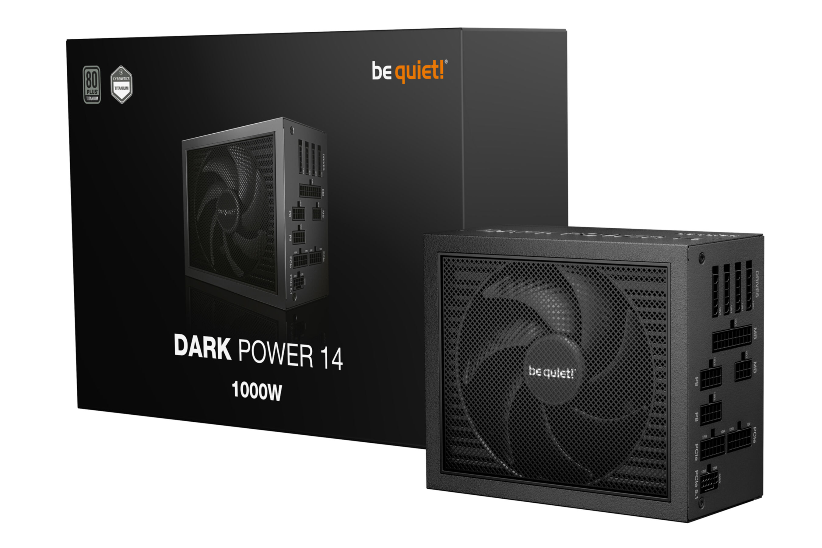 A black computer power supply unit with a fan is displayed next to its box, both with branding.