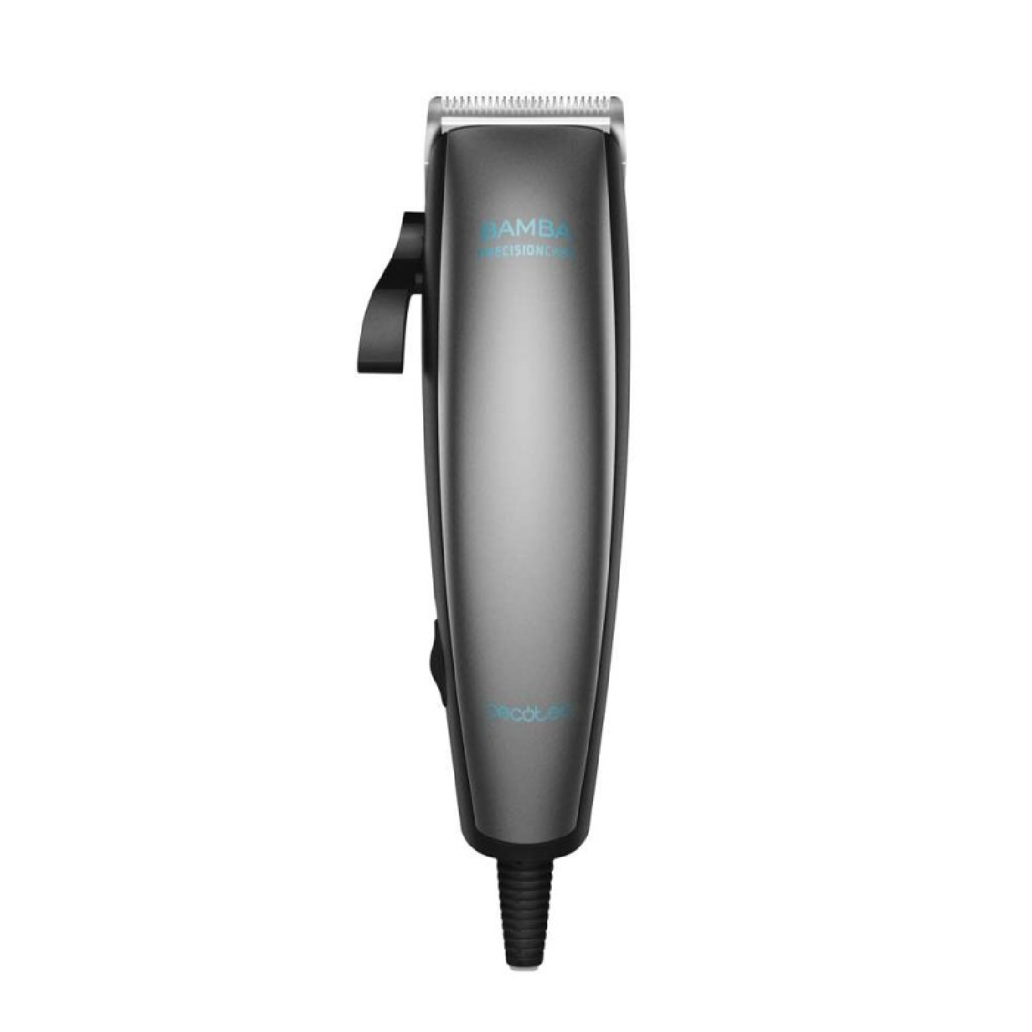 Una cortadora de cabello gris sobre fondo blanco. Tiene un mango y cable negros. La marca es visible en color turquesa.