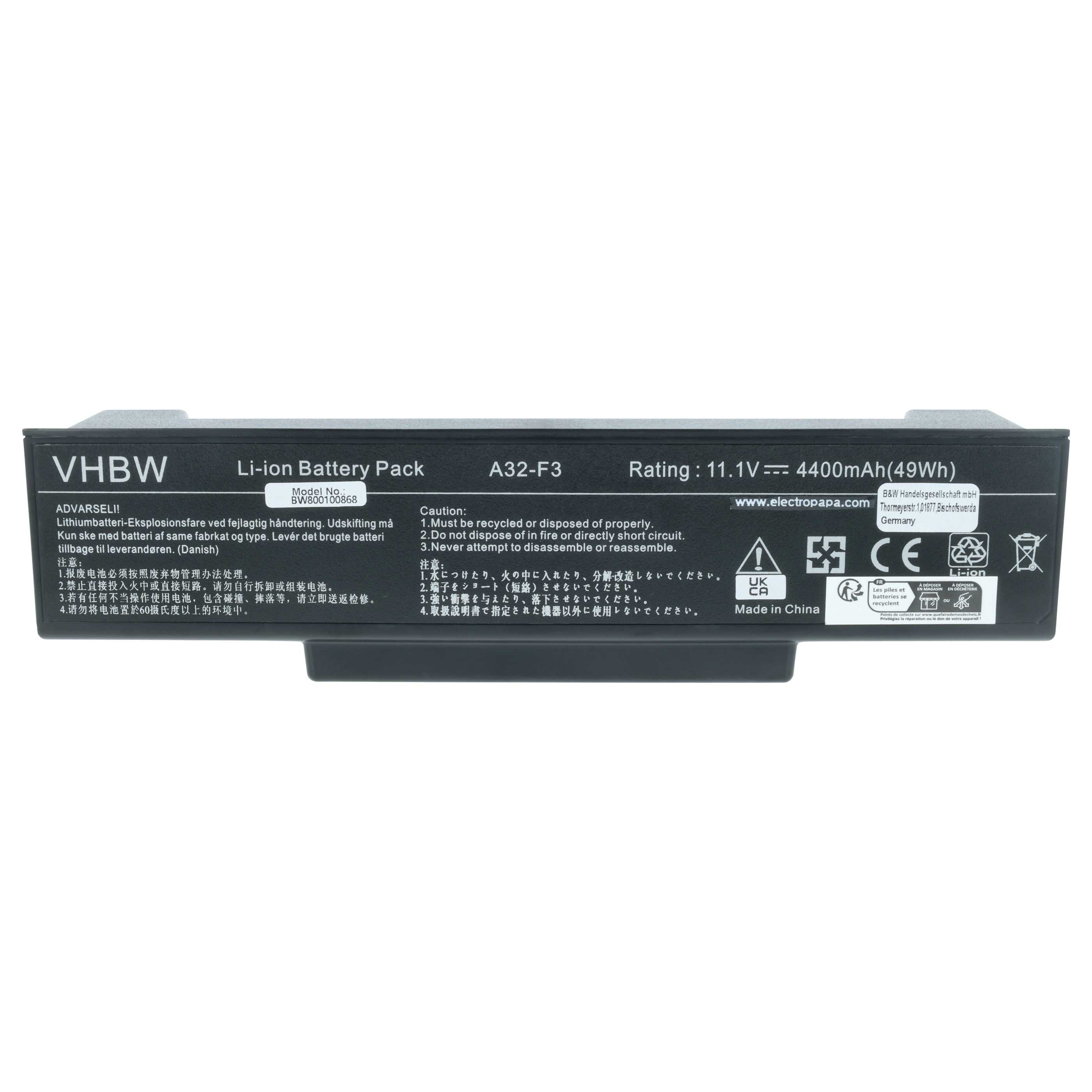 Ein schwarzes VHBW Li-Ionen-Akkupack, Modell A32-F3, mit Sicherheitshinweisen und Spezifikationen.