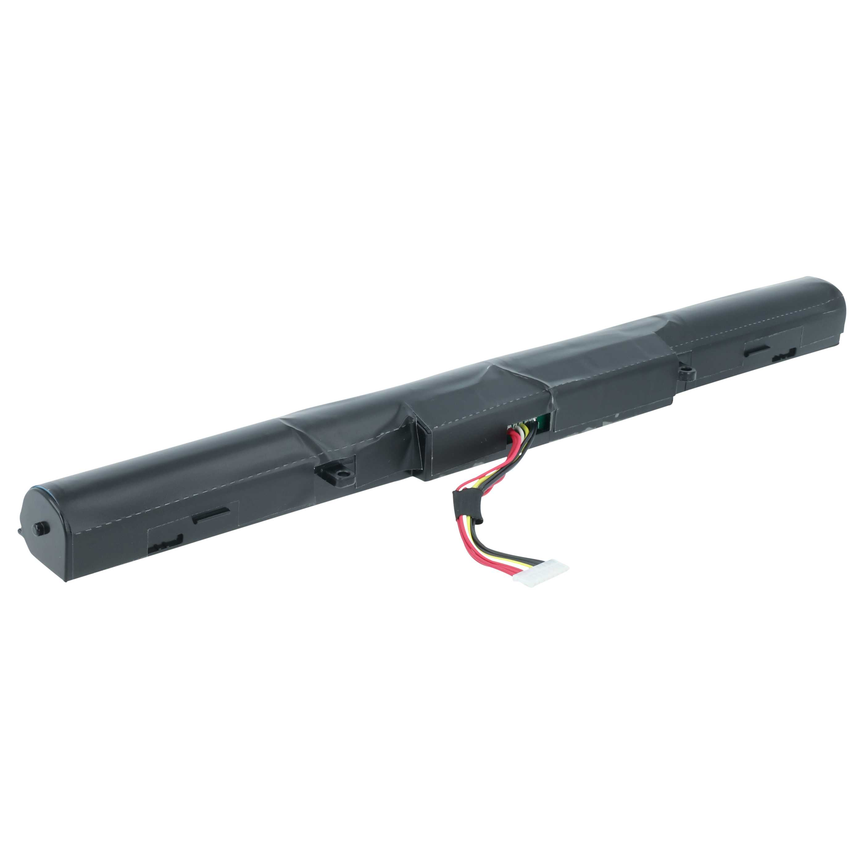 Ein schwarzer zylindrischer Laptop-Akku mit Drähten und einem Stecker auf weißem Hintergrund.