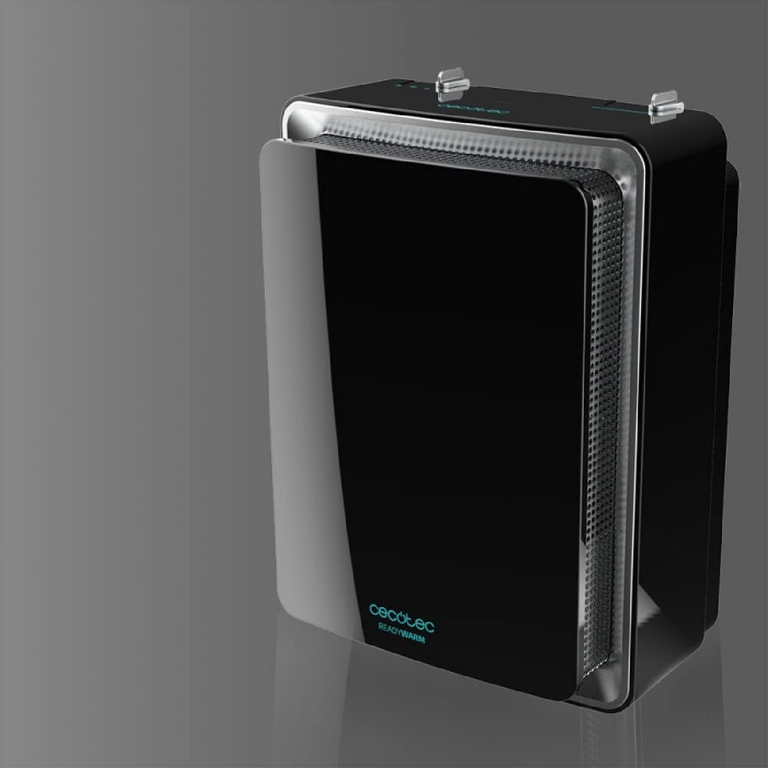 Nowoczesny czarno-srebrny grzejnik Cecotec Readywarm. Ma błyszczący czarny przód, perforowaną srebrną siatkę i chromowane akcenty.