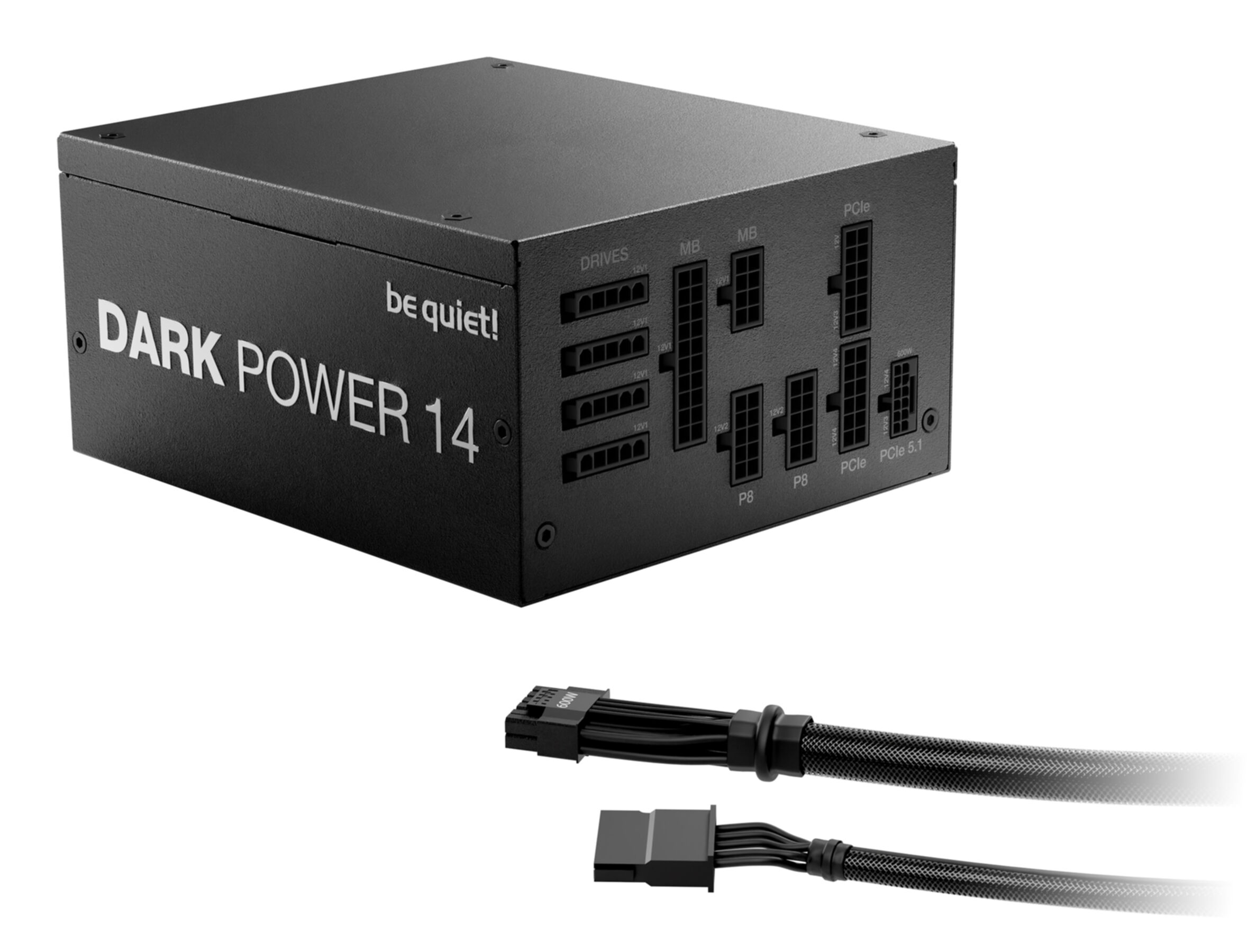 Czarny zasilacz Dark Power 14 z kablami. Ma złącza Drives, MB i PCIe.