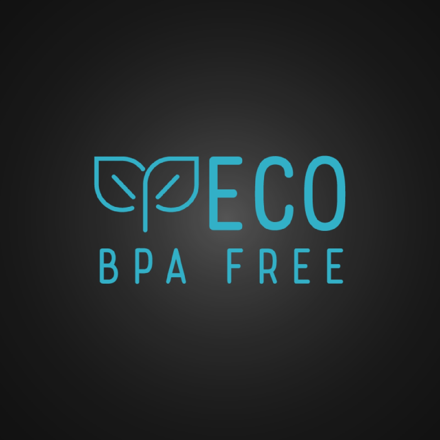 L'immagine mostra la parola "ECO" in turchese, con elementi di design a forma di foglie e "BPA FREE" sotto, su uno sfondo grigio scuro.