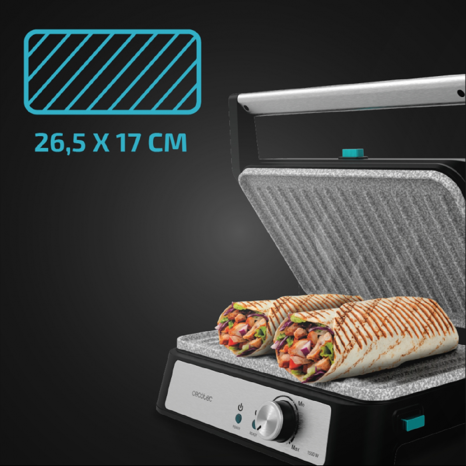 Una piastra per panini con due involtini all'interno. Un rettangolo blu con dimensioni in alto a sinistra.