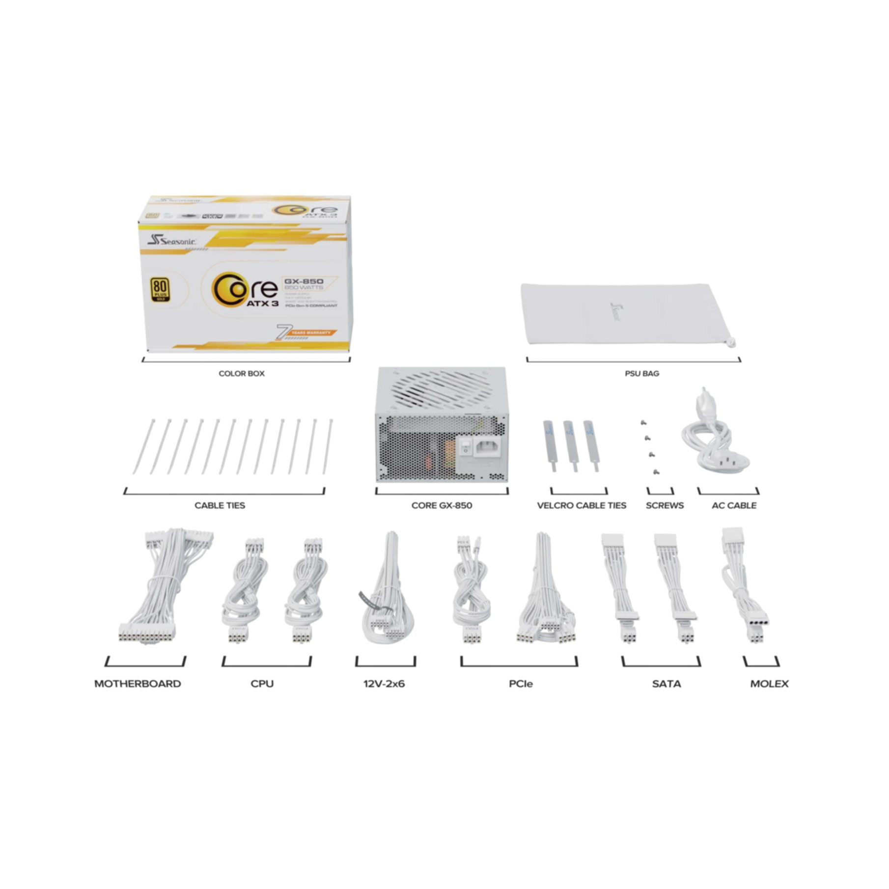 Een computervoeding kit. Inclusief voeding, kabels, accessoires en doos. Alle items zijn wit.