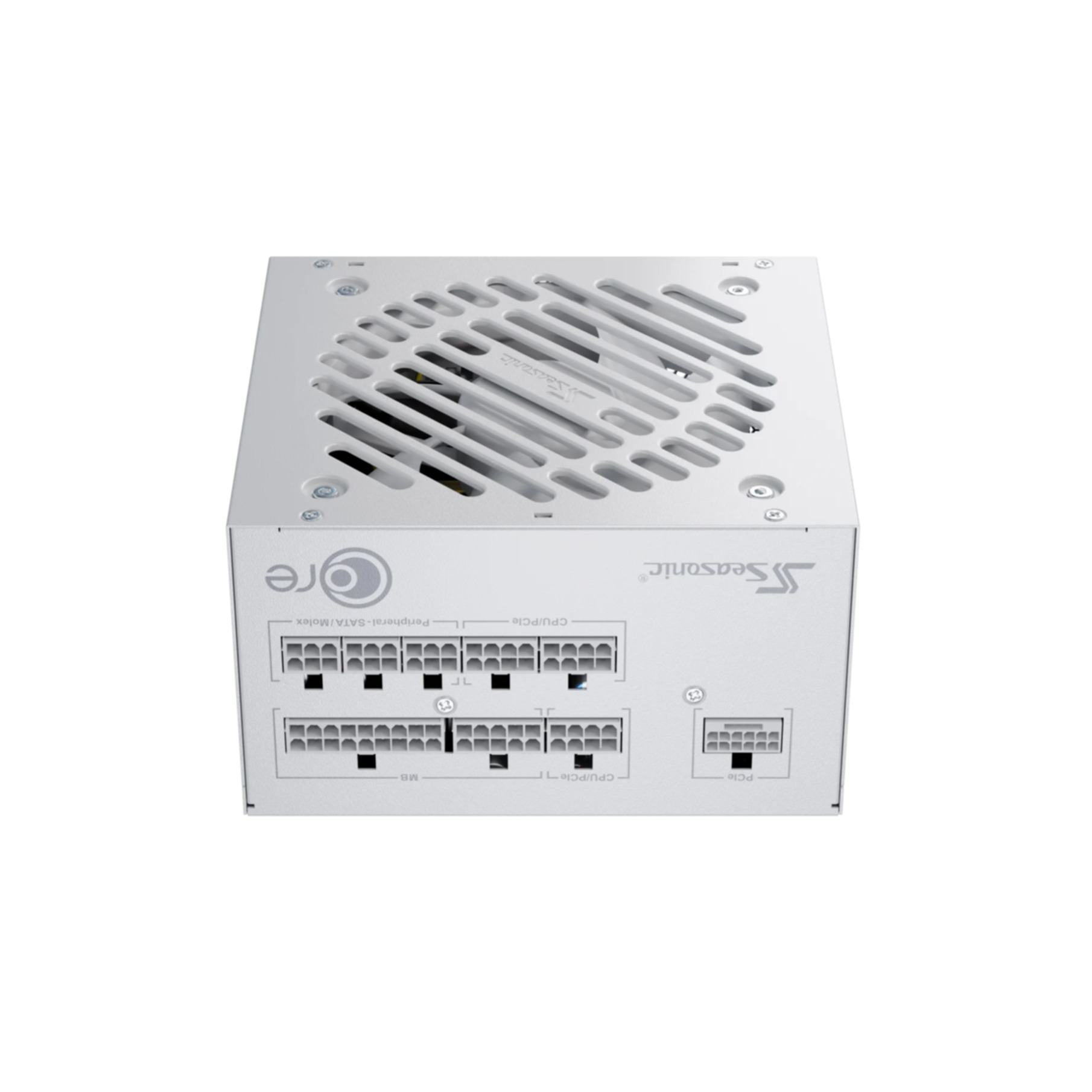 Een witte Seasonic voeding. Het heeft meerdere poorten en een ventilator voor koeling. Het merklogo is zichtbaar.