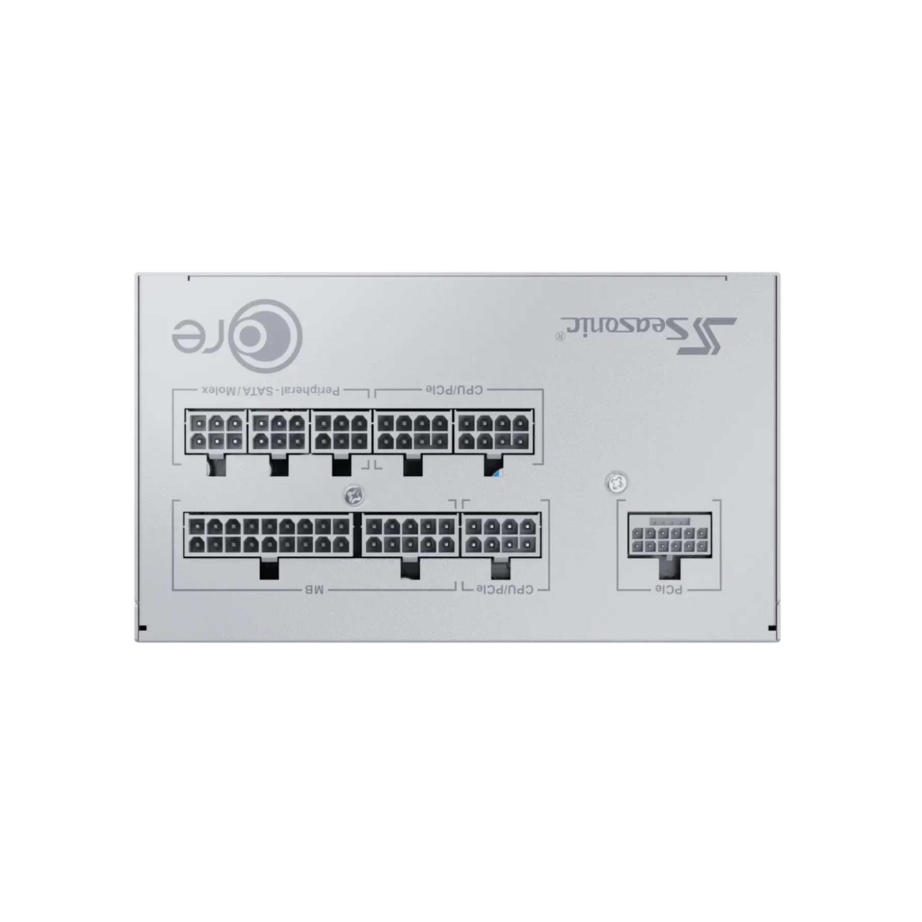 Een zilveren computer voeding. Het heeft meerdere gelabelde connectoren en een 'Seasonic' logo.